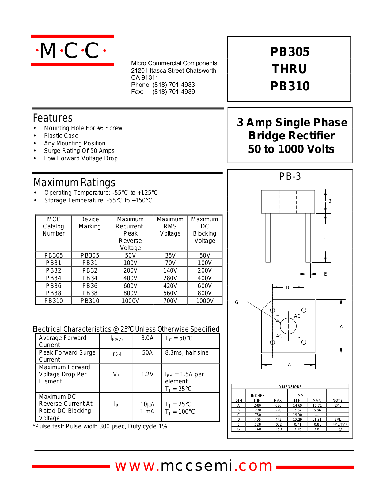 MCC PB32, PB34, PB36, PB38, PB305 Datasheet