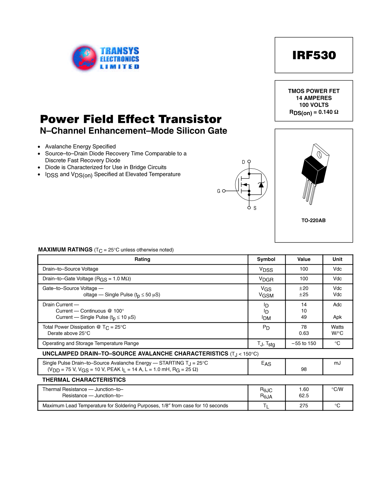 TEL IRF530 Datasheet