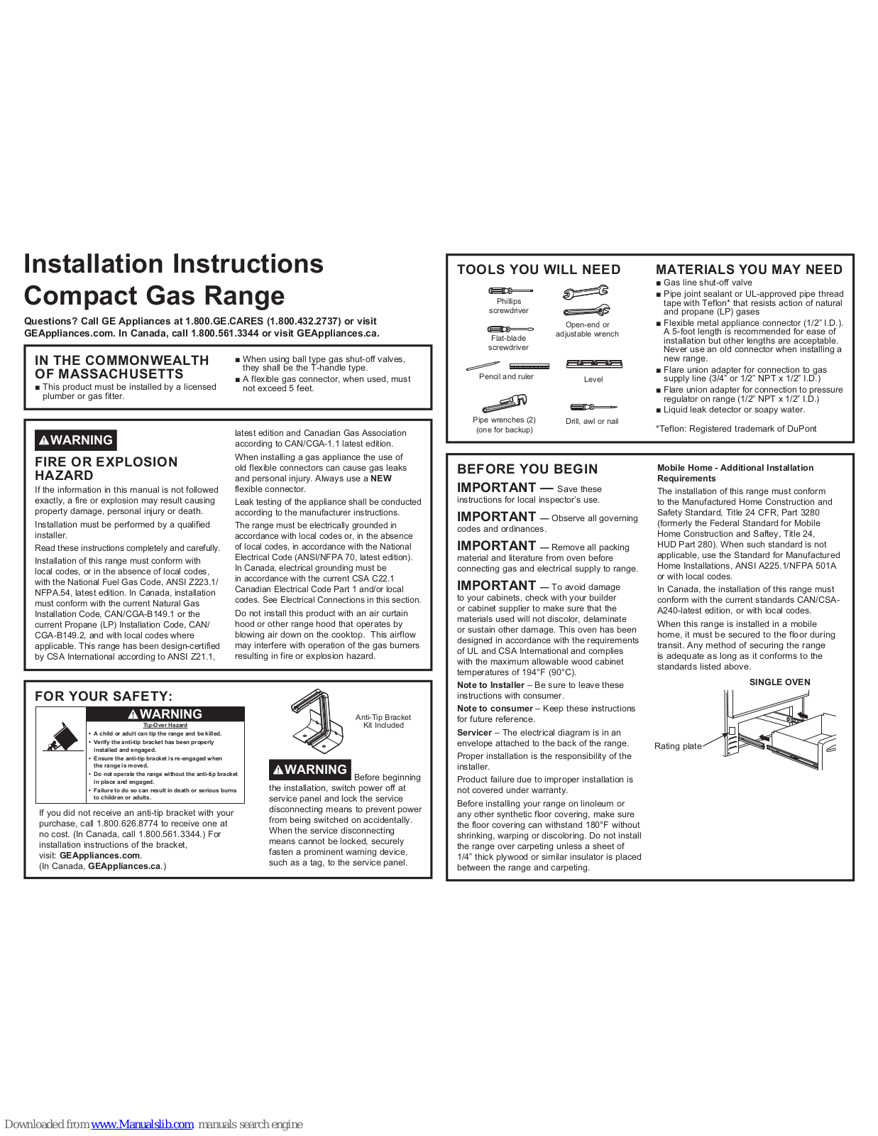 GE RGAS200, RGAS300 Installation Instructions Manual