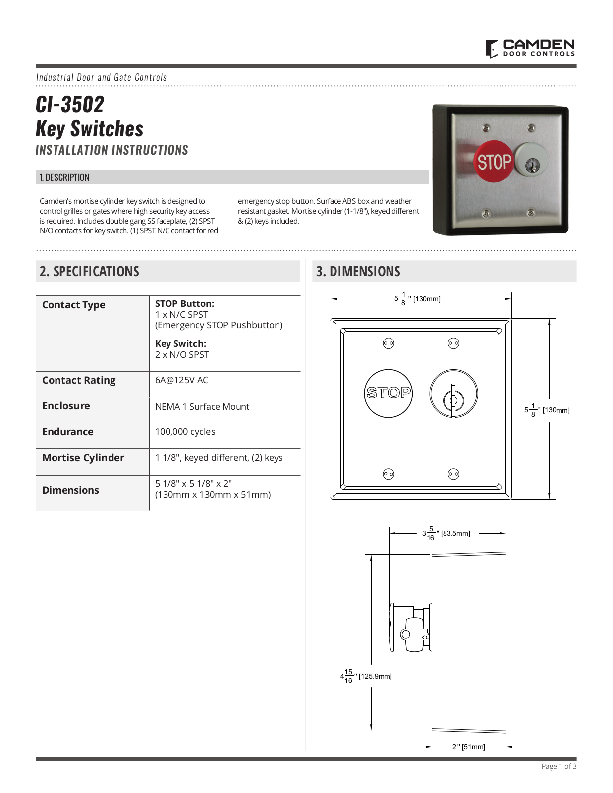 Camden Door Controls CI-3502 Installation Instructions