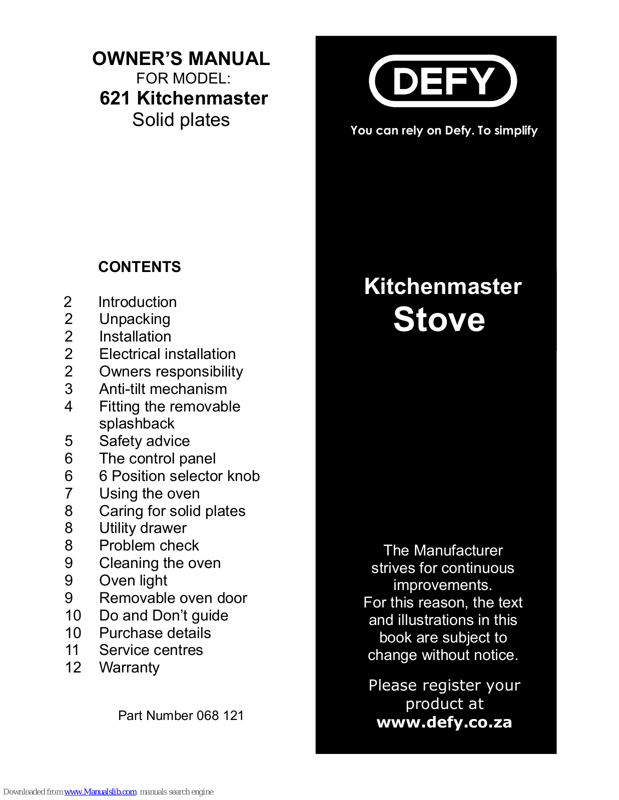 Defy 068 121, Kitchenmaster 621 Owner's Manual