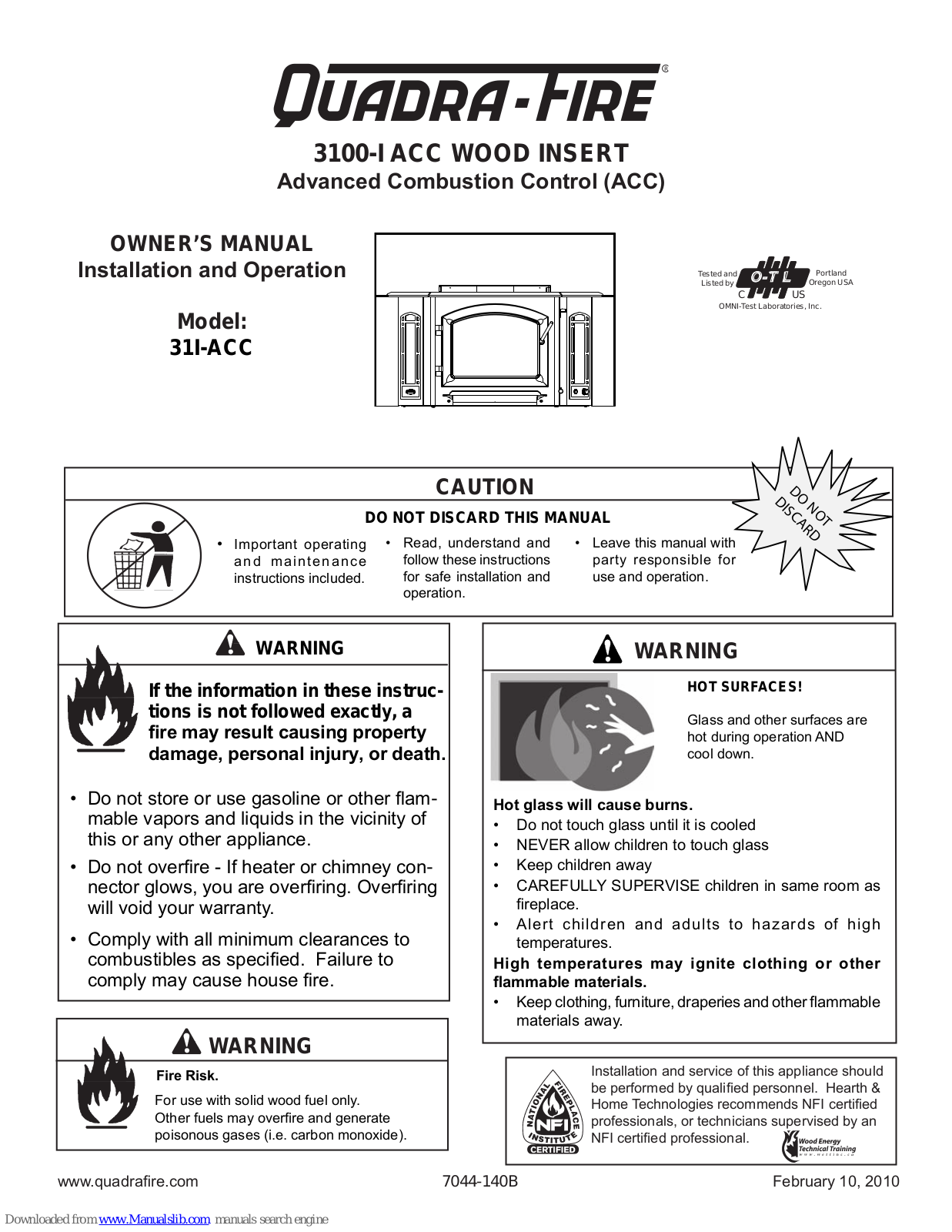 Quadra-Fire 3100-I ACC Owner's Manual