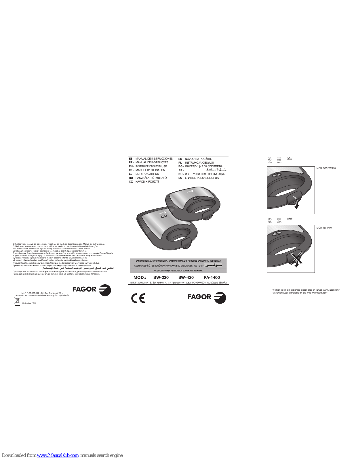 Fagor SW-420, PA-1400 Instructions For Use Manual