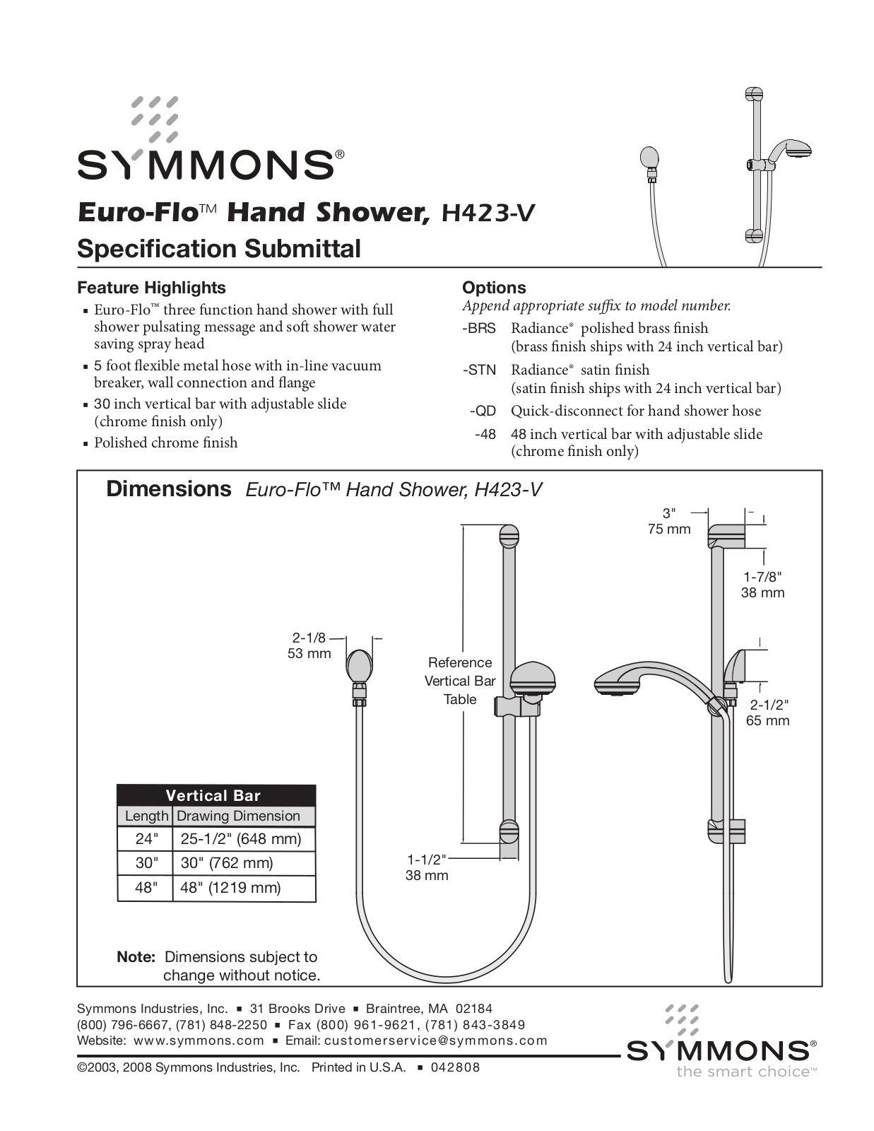 Symmons H423-V User Manual