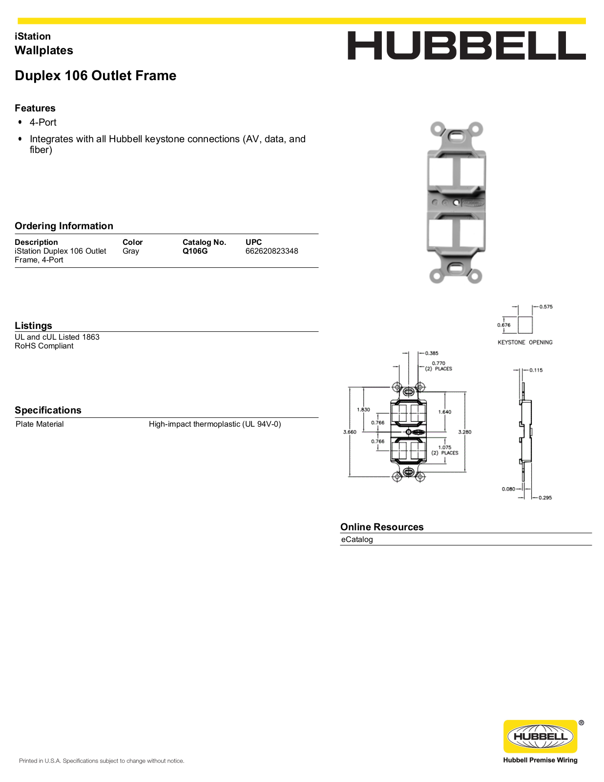 Hubbell Q106G Specifications