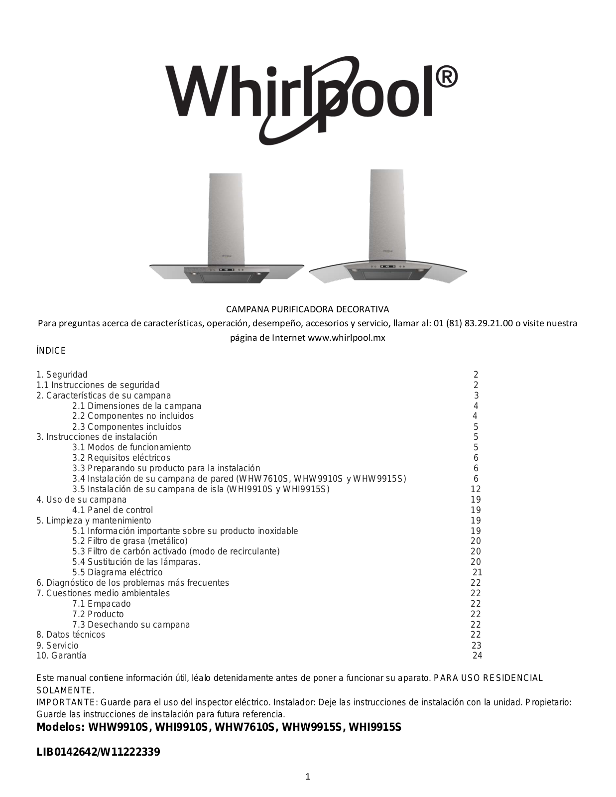 Whirlpool WHW9910S, WHI9910S, WHW7610S, WHW9915S, WHI9915S Owner's Manual