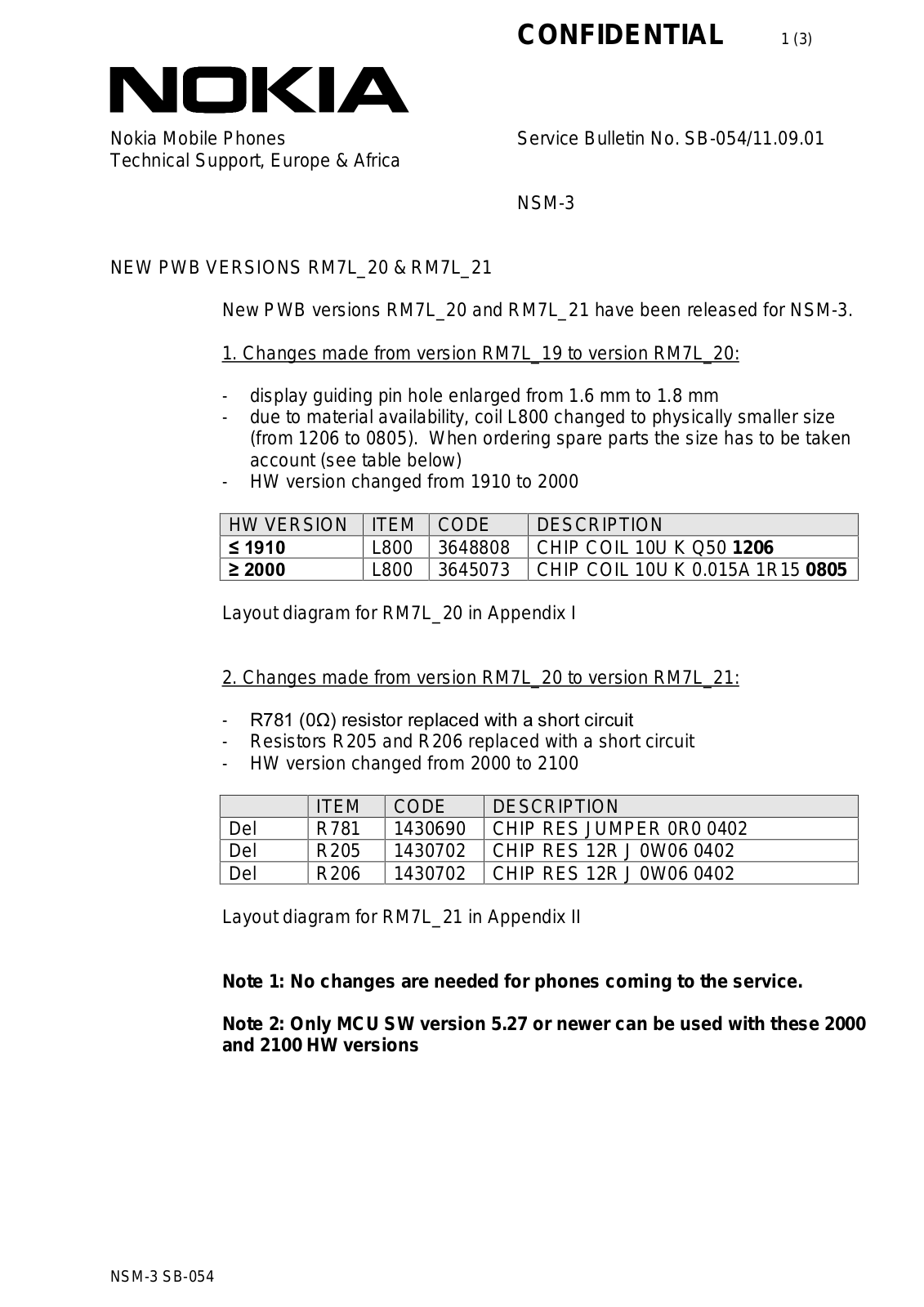 Nokia 8210 Service Bulletin 054