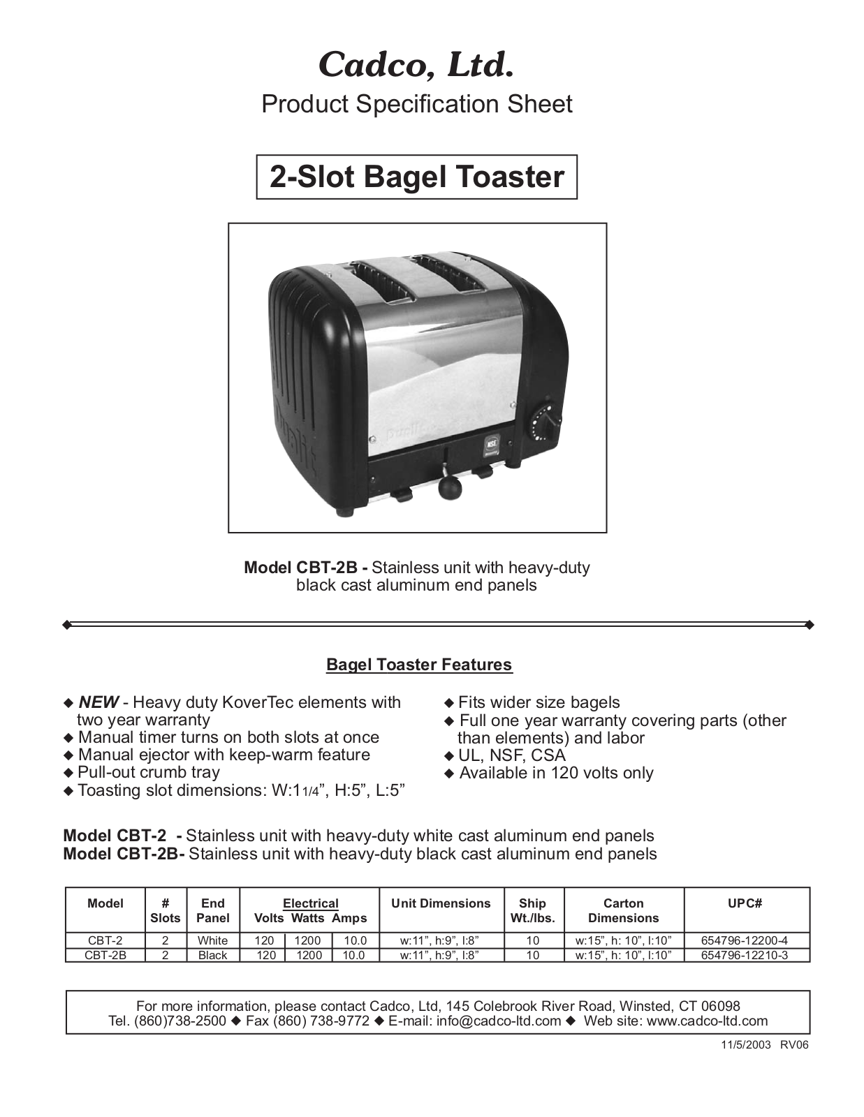 Cadco CBT-2B Specifications