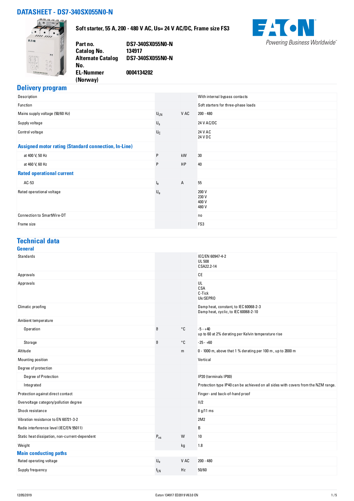 Cutler Hammer, Div of Eaton Corp DS7-340SX055N0-N Data Sheet