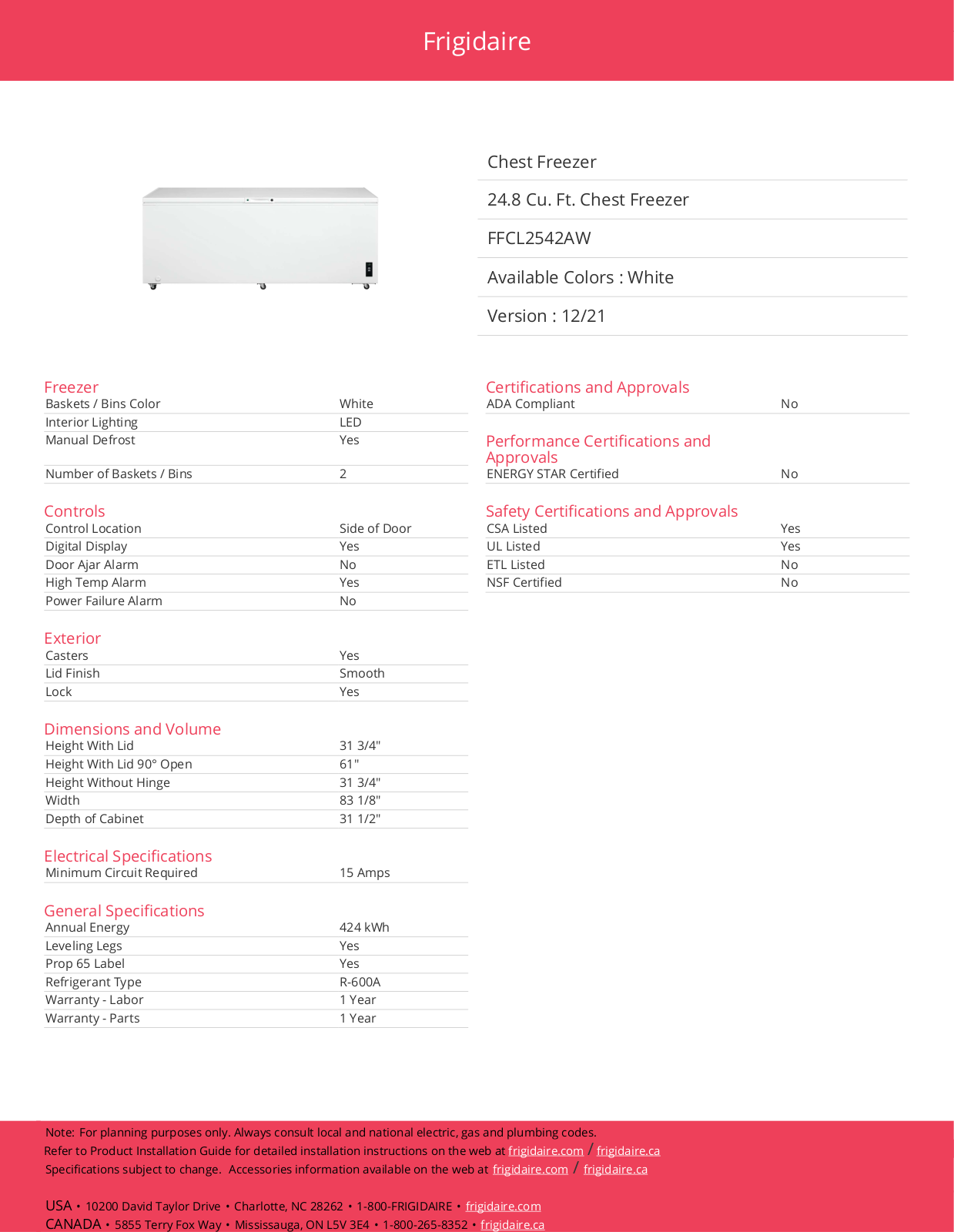 Frigidaire FFCL2542AW Specifications - ManualMachine.com