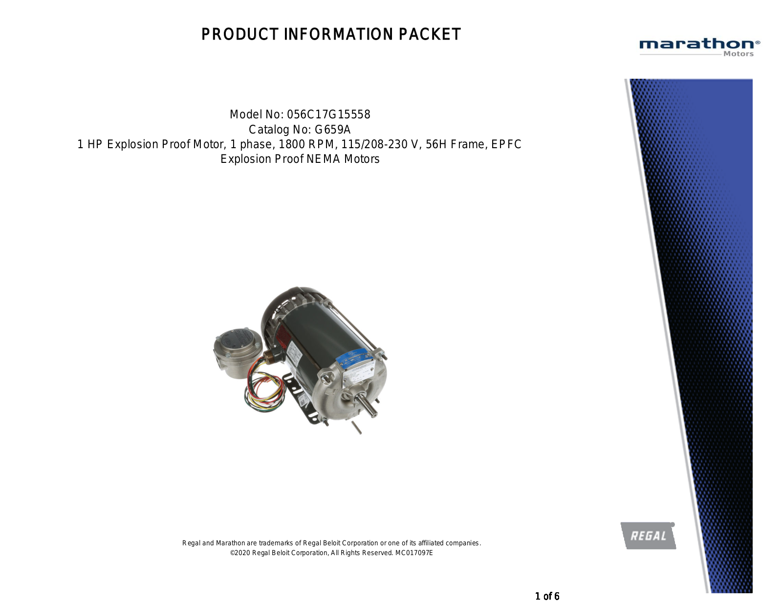 Marathon Electric 056C17G15558 Product Information Packet