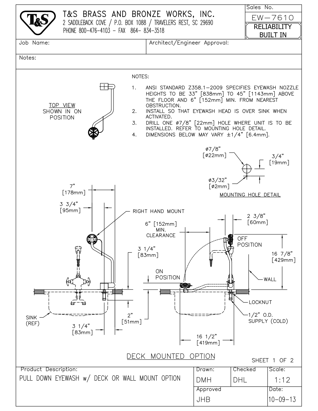 T&S Brass EW-7610 User Manual