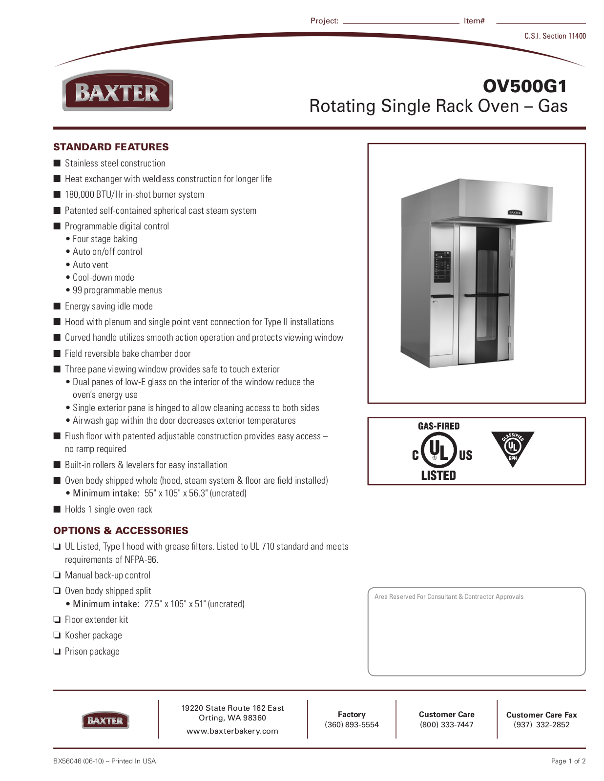 Baxter OVS00G1 Specifications