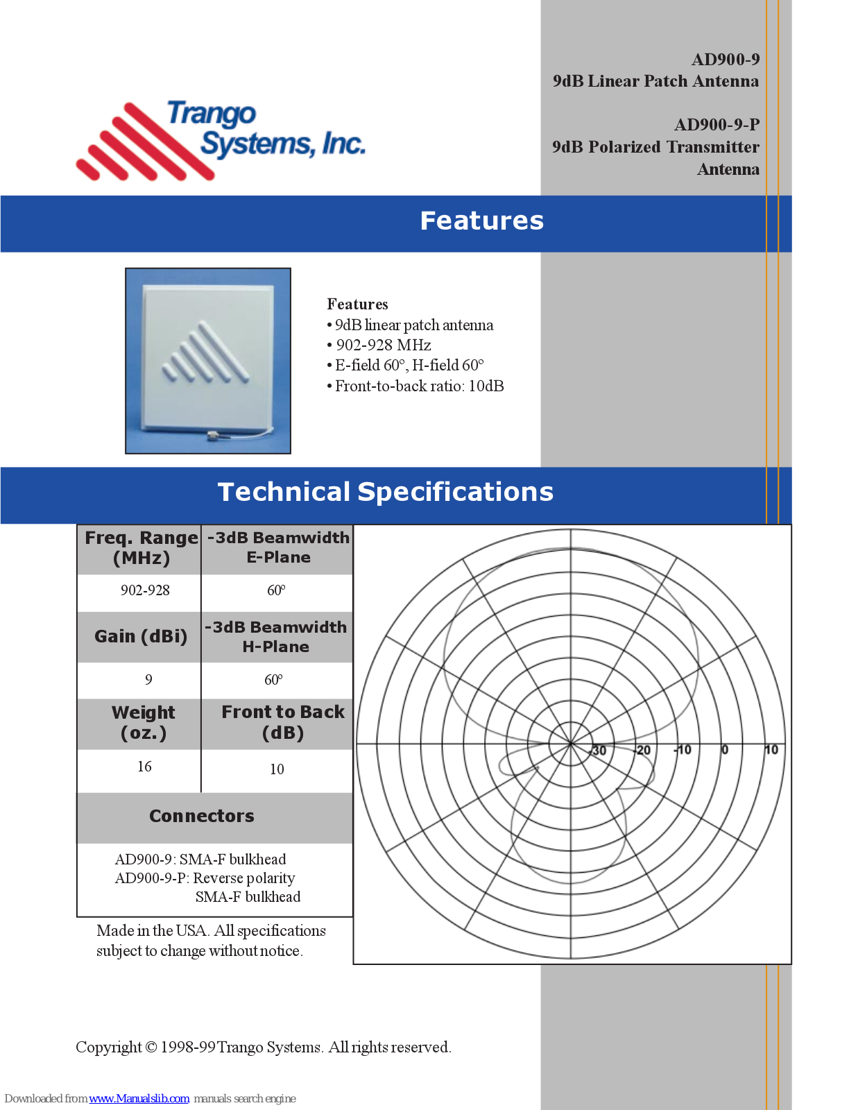 Trango Systems AD900-9, AD900-9-P Specification Sheet - ManualMachine.com