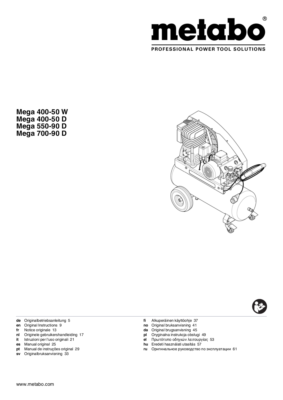 Metabo Mega 400-50 D, Mega 700-90 D, Mega 400-50 W, Mega 550-90 D Original Instructions Manual