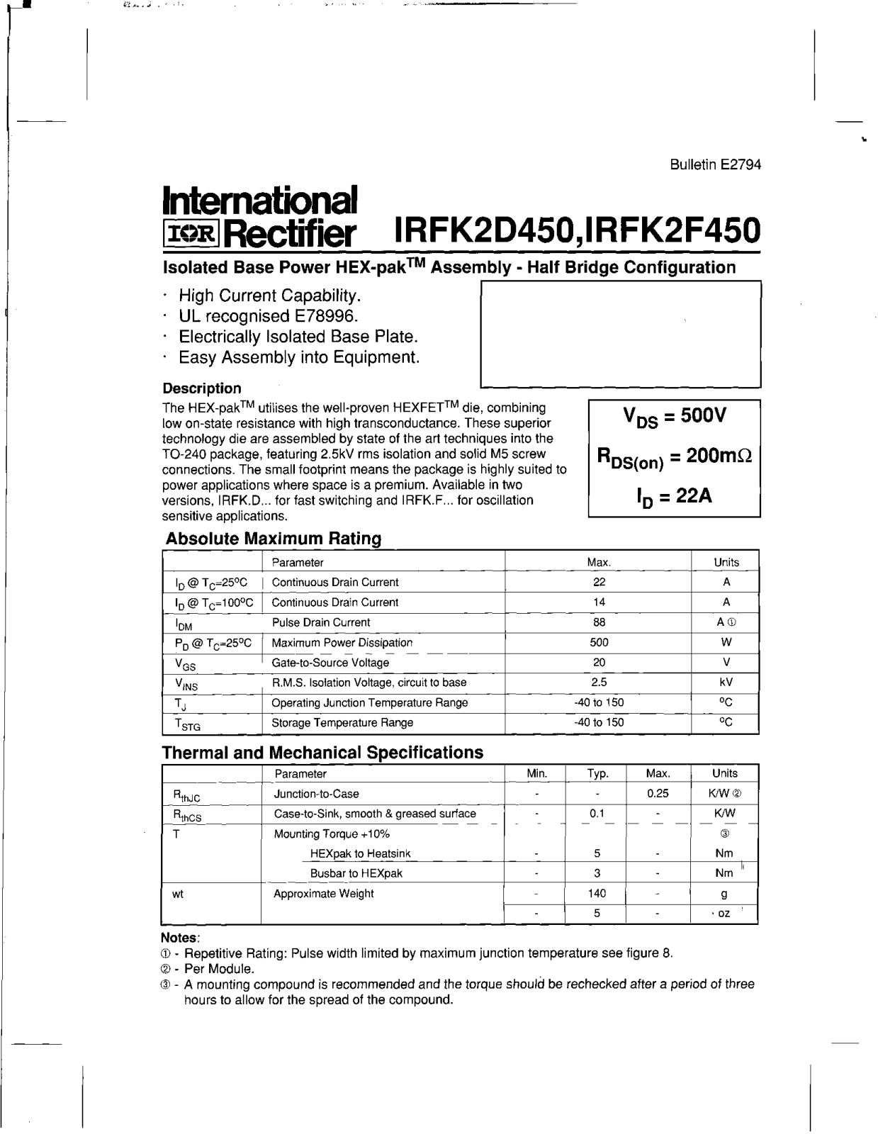 Datasheet IRFK2D450 Specification - ManualMachine.com