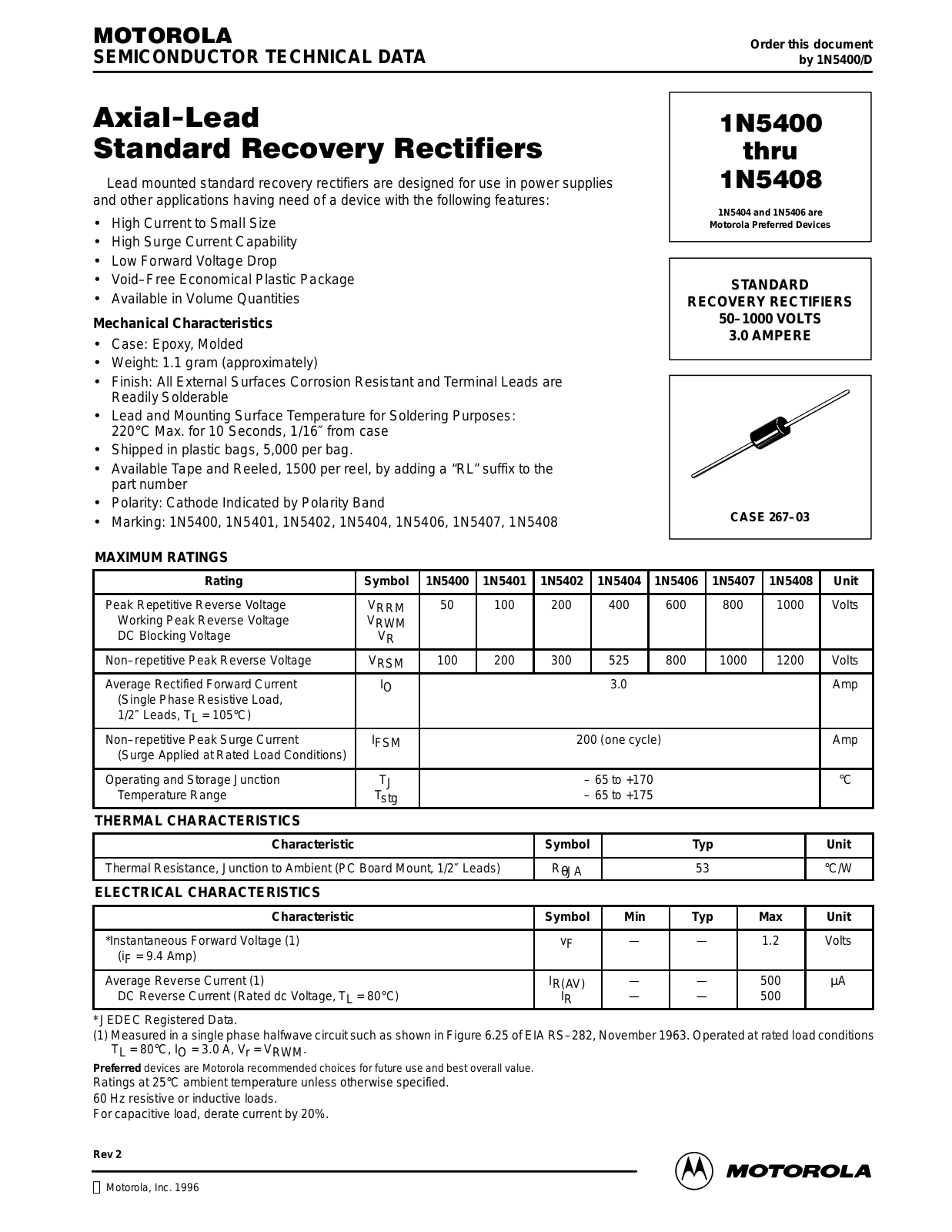 Motorola 1N5408, 1N5407, 1N5405, 1N5406, 1N5404 Datasheet