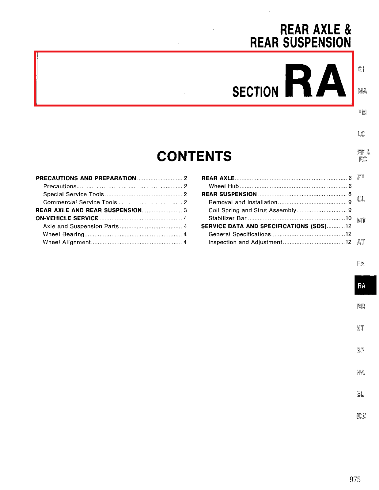 Nissan Sentra Rear Axle Rear Suspension  RA 1994 Owner's Manual