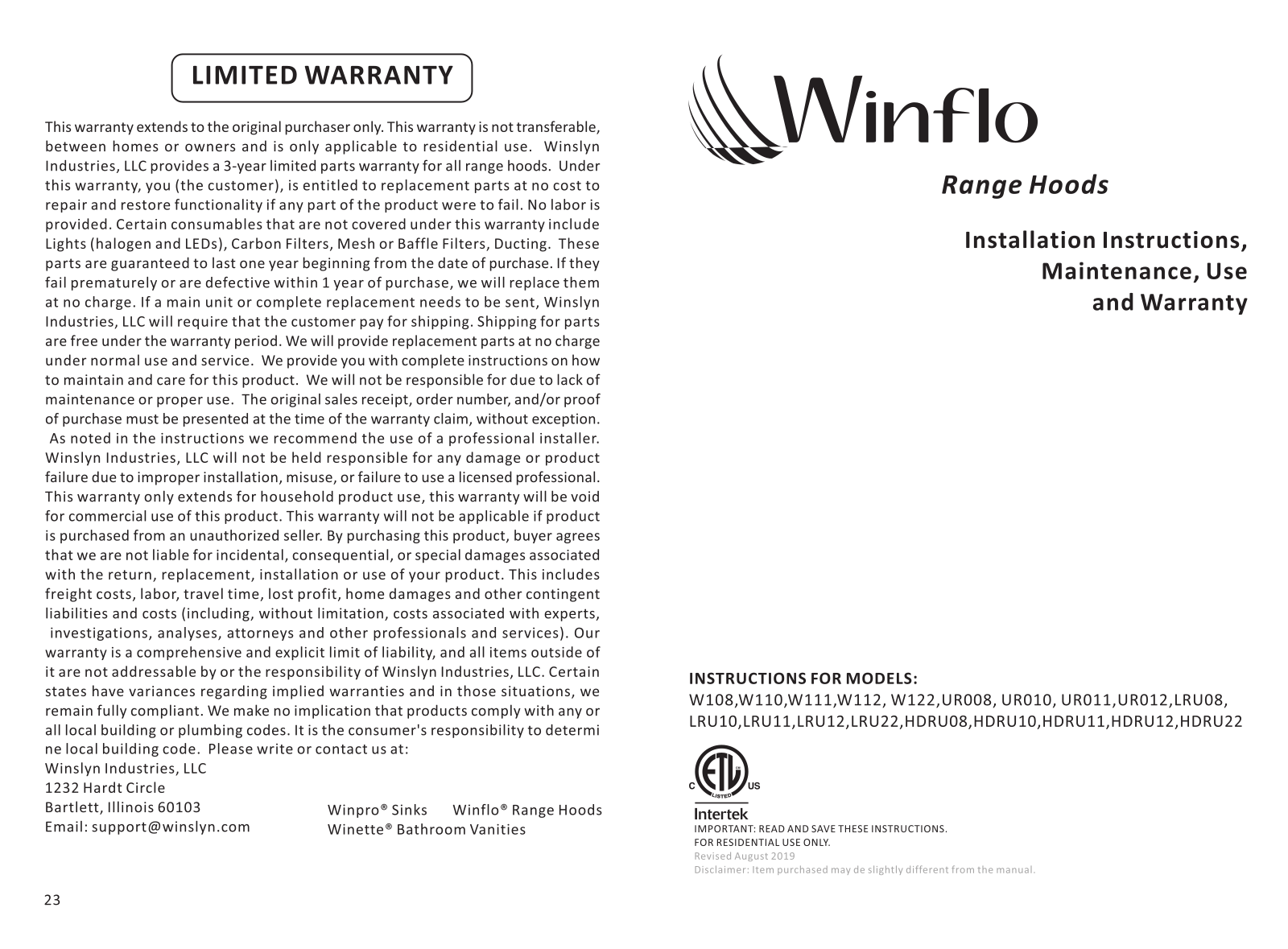 Winflo W122, W112, LRU10, W110, UR010 User Manual