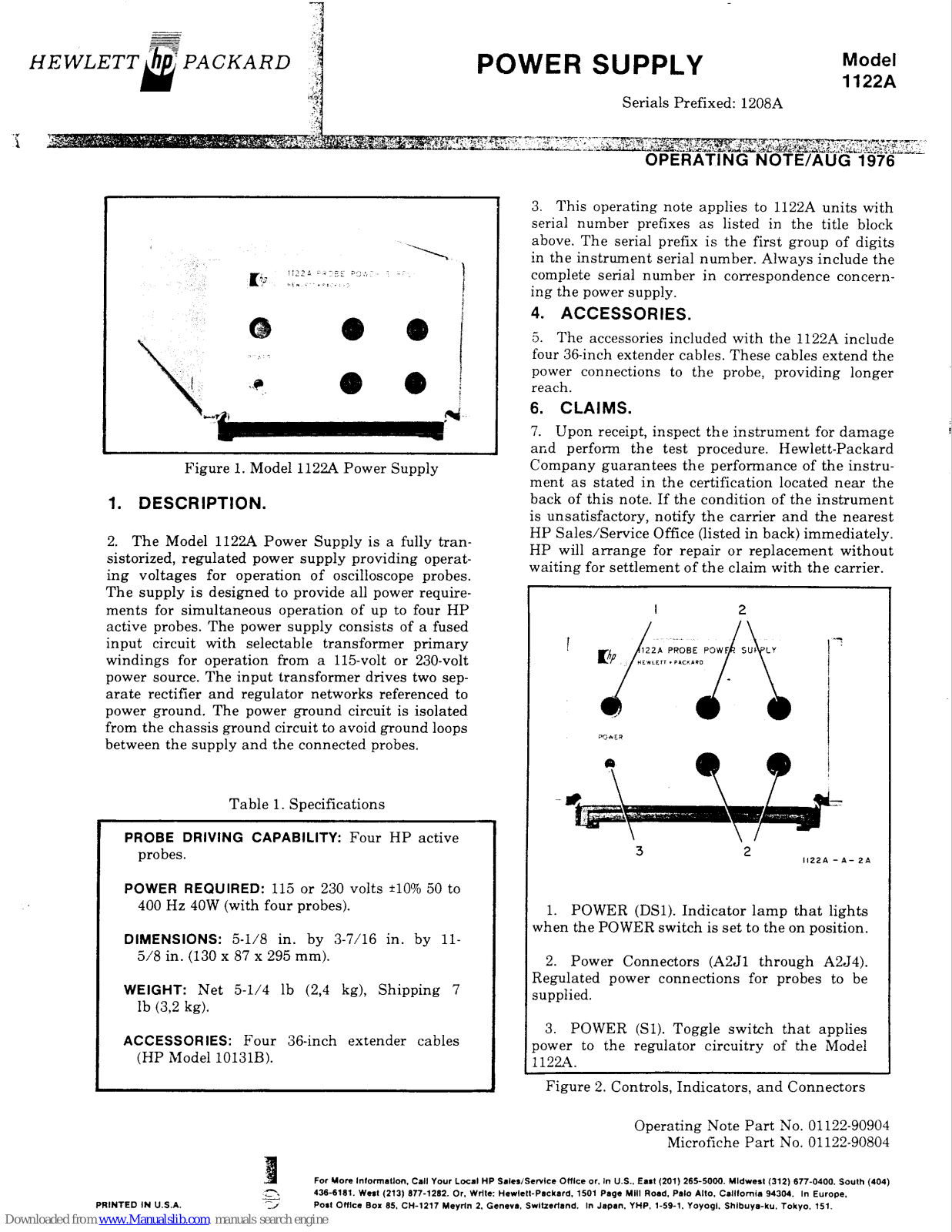 HP 1122A Operating Note