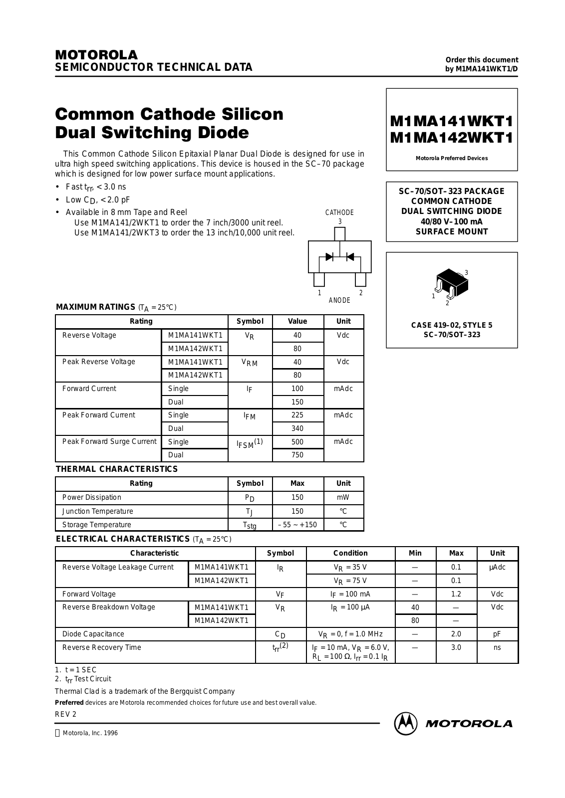 MOTOROLA M1MA141WKT3, M1MA142WKT3, M1MA141WKT1 Datasheet