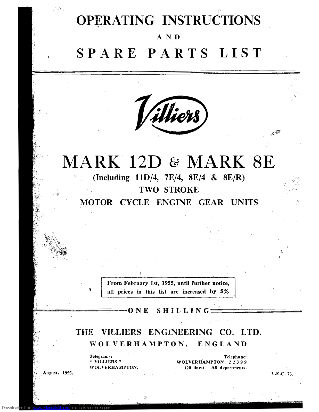 Villiers MARK 12D, MARK 8E Operating Instructions And Spare Parts List