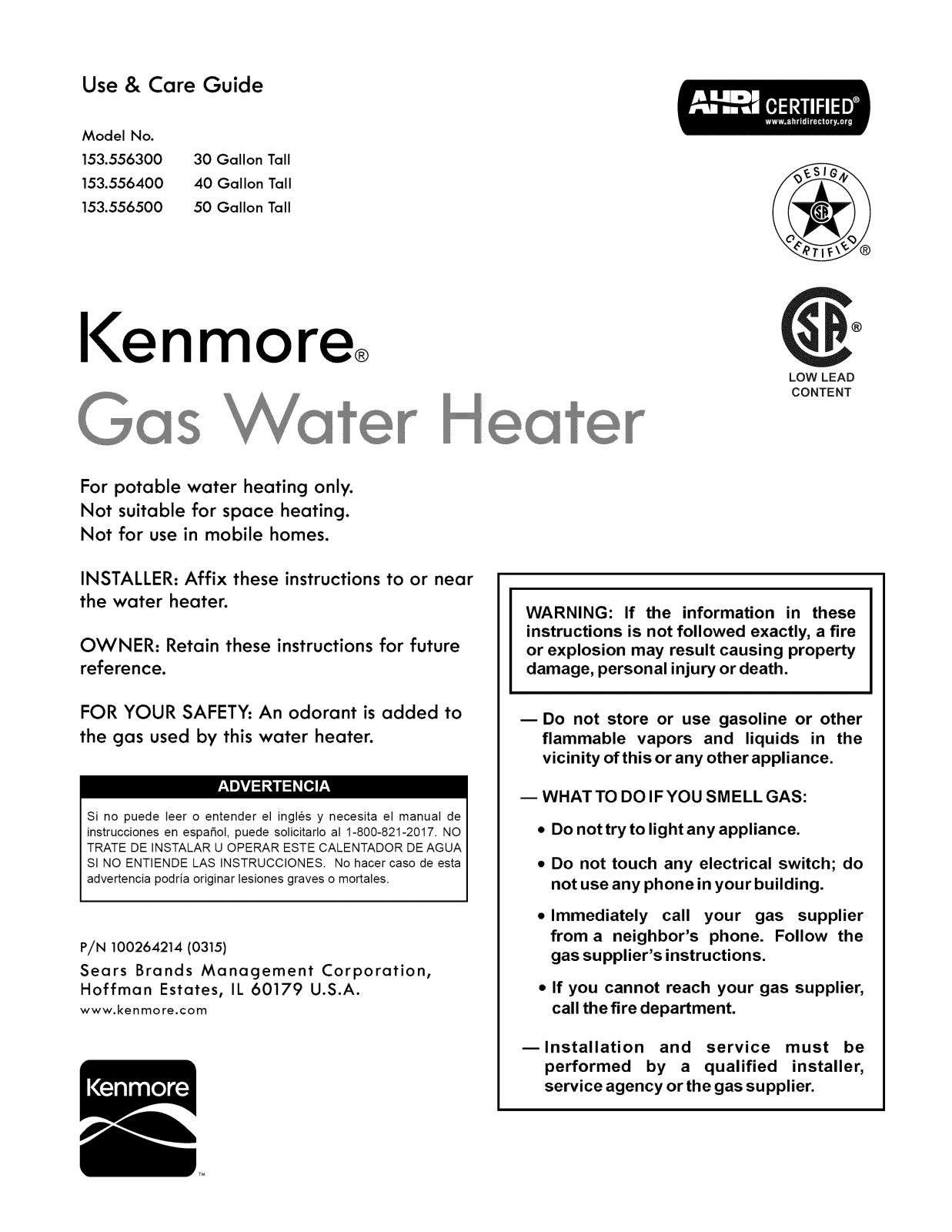 Kenmore 153556500, 153556400, 153556300 Owner’s Manual