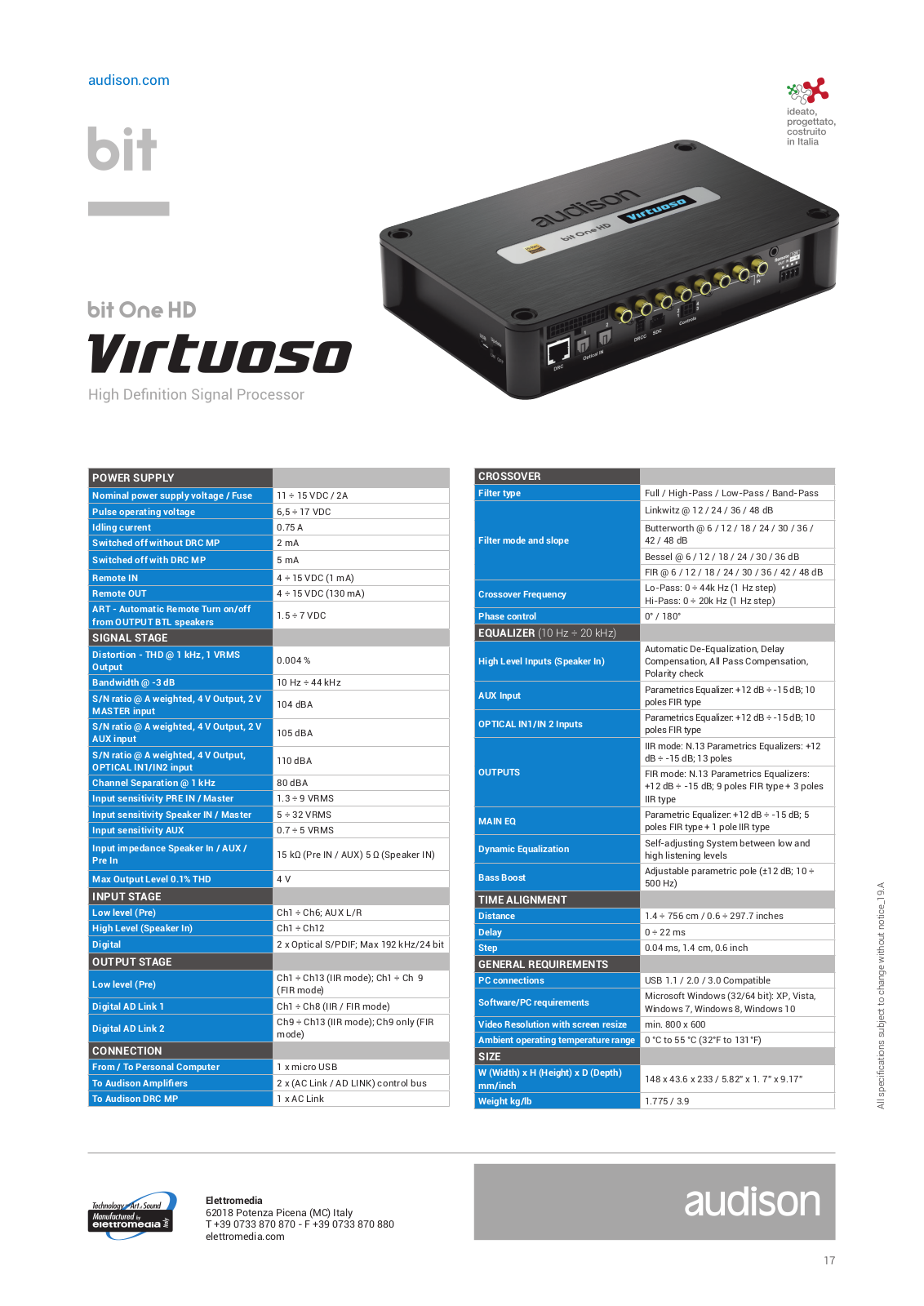 Audison BIT ONE HD VIRTUOSO Specification Sheet