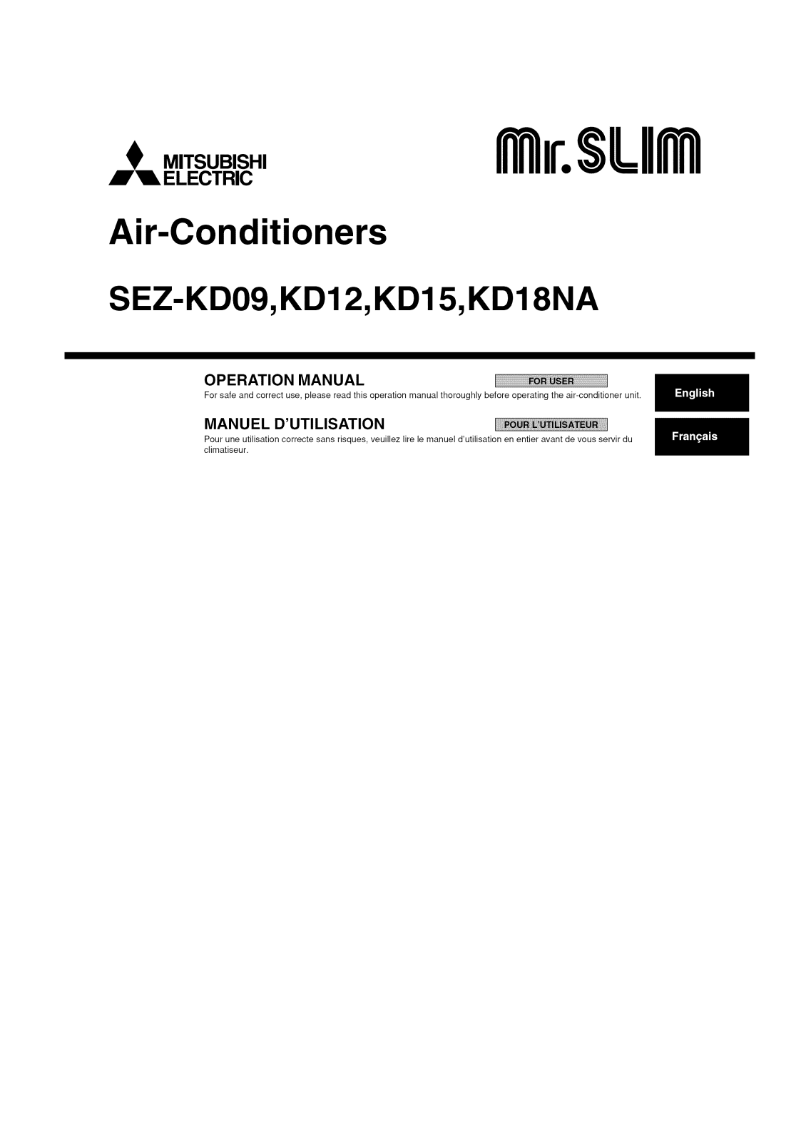 Mitsubishi SEZ-KD09NA4, SEZ-KD18NA4, SEZ-KD18NA, SEZ-KD15NA4, SEZ-KD15NA Owner’s Manual