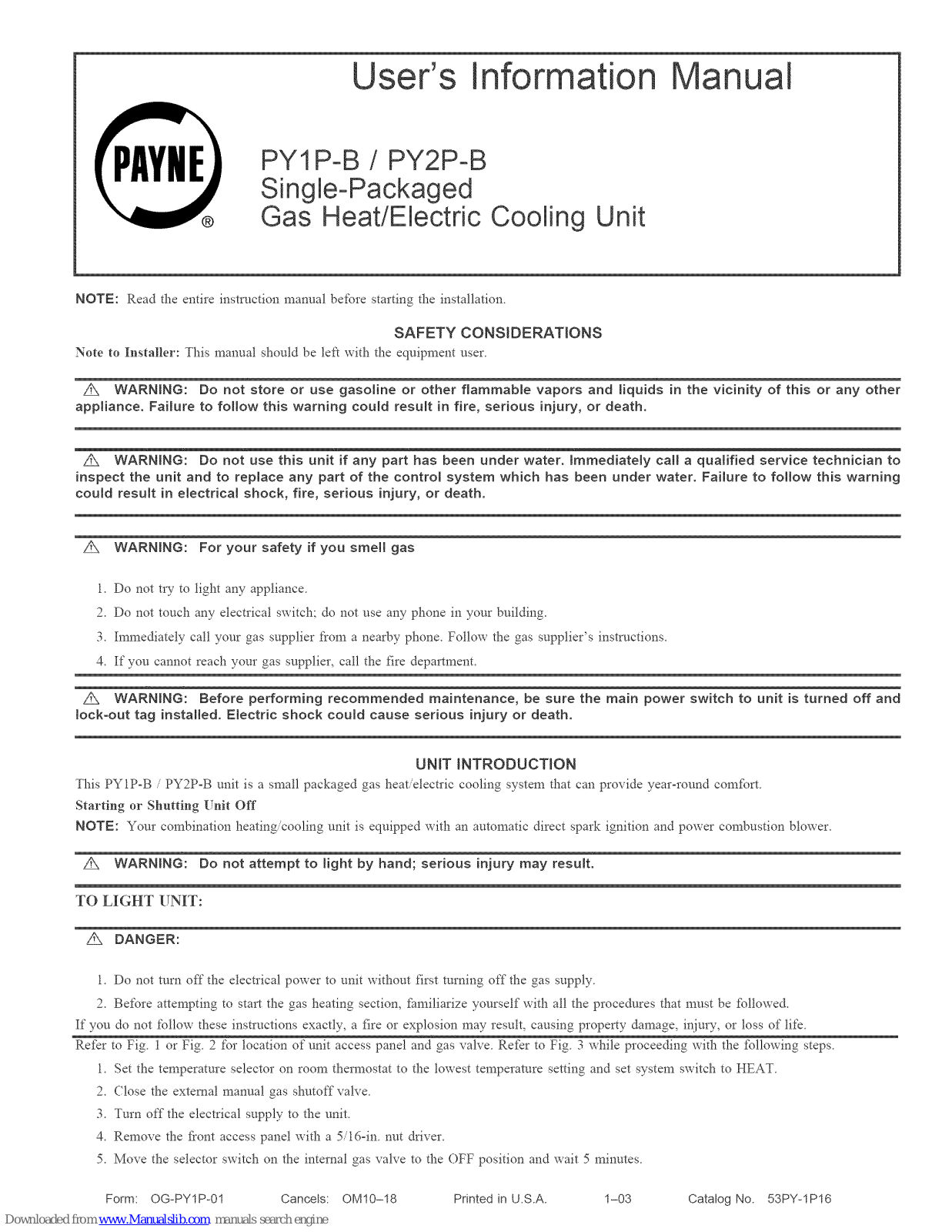 Payne PY1P-B036, PY1P-B042, PY1P-B048, PY1P-B060, PY2P-B024 User's Information Manual - ManualMachine.com