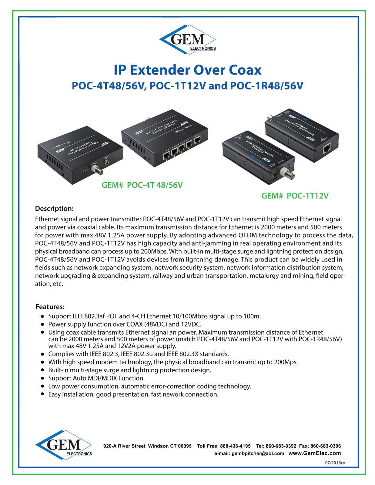 GEM POC-1T12V, POC-1T, POC-1R48-56V Specsheet