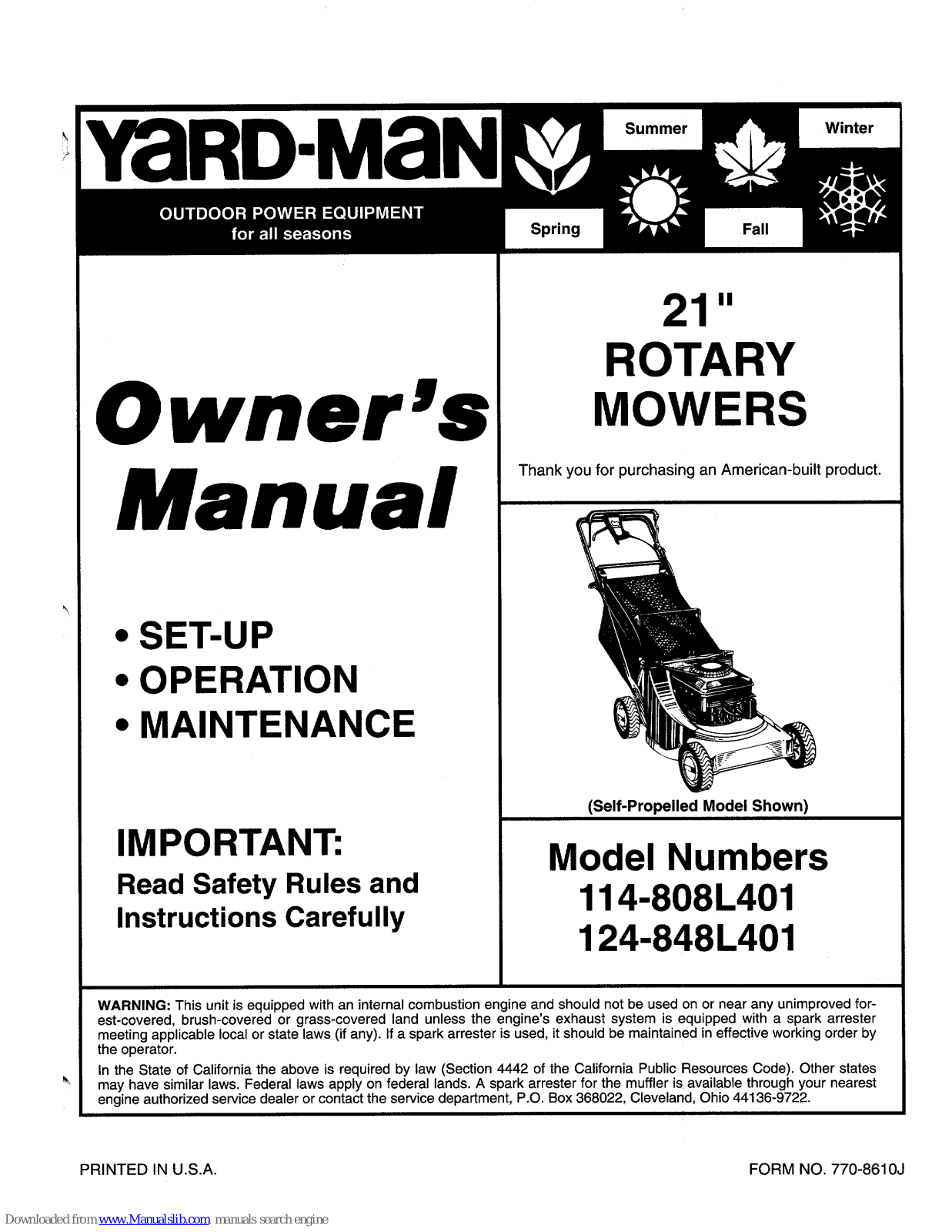 Yard-Man 114-808L401, 124-848L401 Owner's Manual