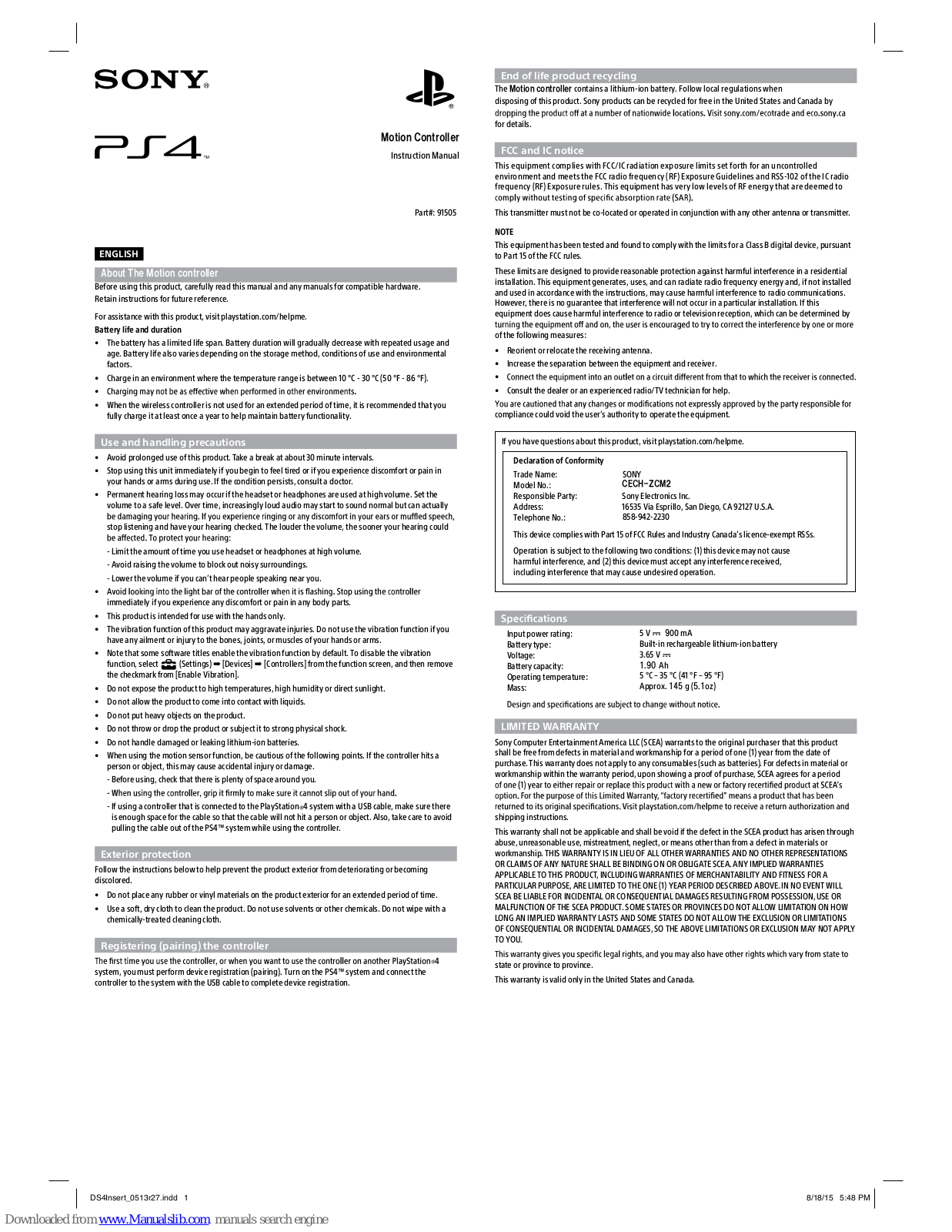 Sony PS4 91505 Instruction Manual