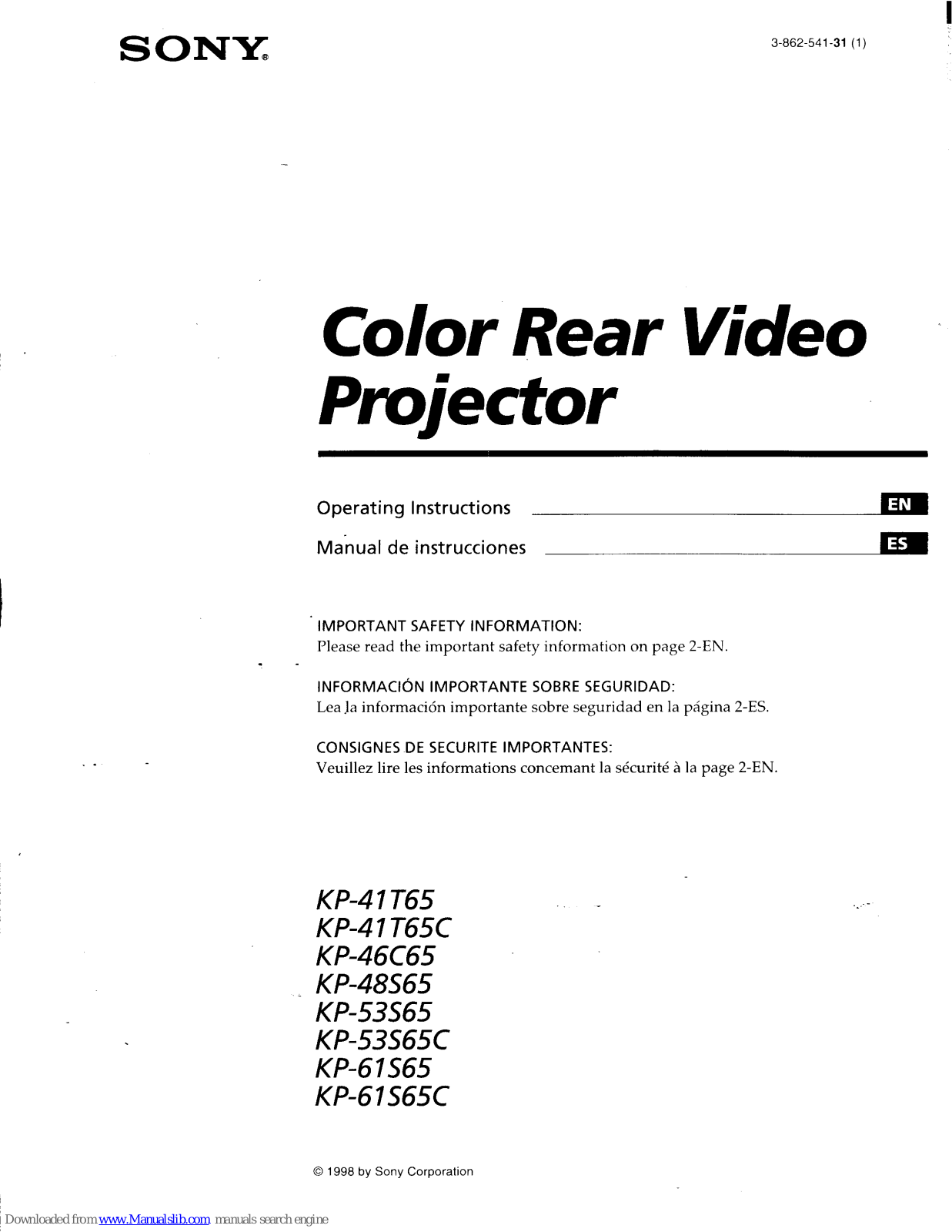 Sony KP-61S65 Primary User Manual (English/Españ,ol),KP-41T65,KP-48S65,KP-53S65,KP-41T65C,KP-46C65,KP-53S65C,KP-61S65C Operating Instructions Manual