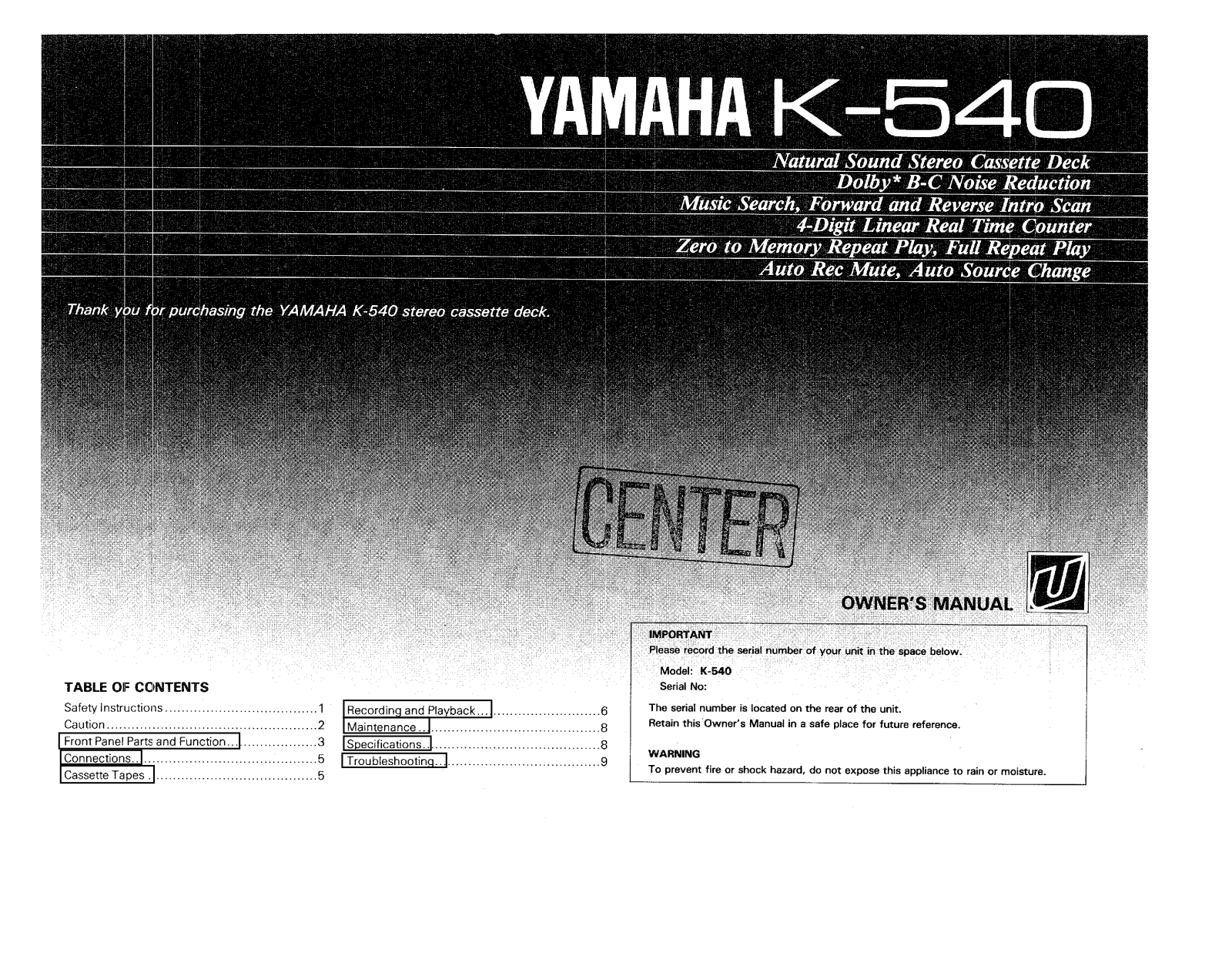 Yamaha K-540 Owner Manual
