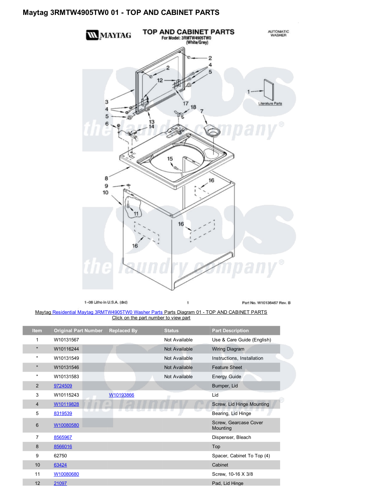 Maytag 3RMTW4905TW0 Parts Diagram