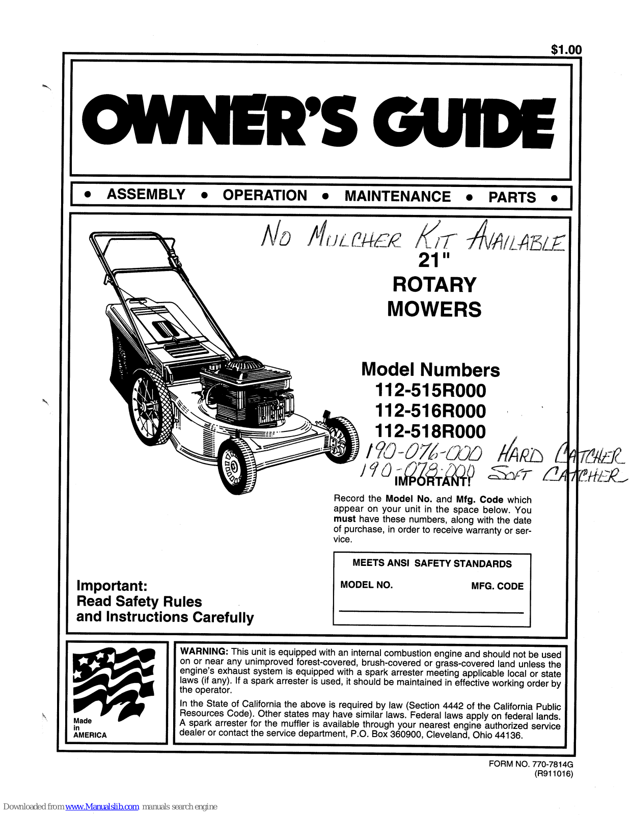 MTD 112-516R000, 112-518R000, 190-076-000, 190-078-000, 515R Owner's Manual