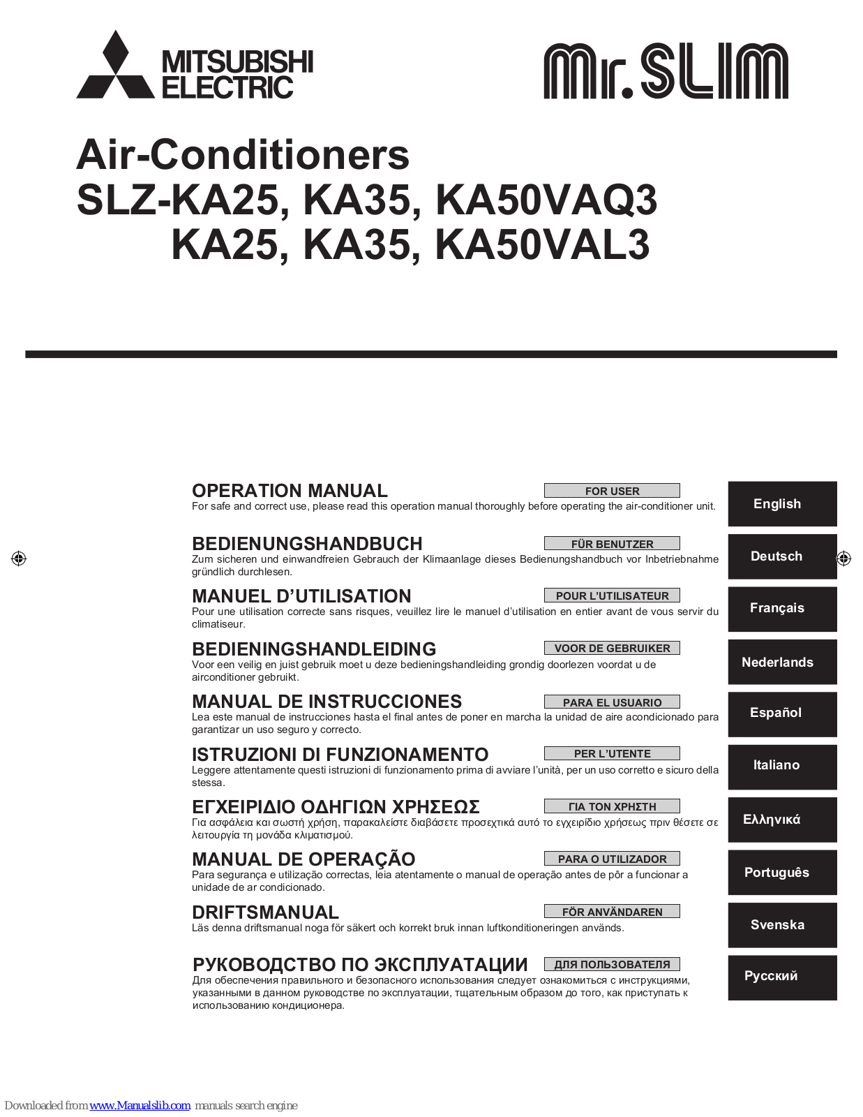 Mitsubishi Electric SLZ-KA50VAQ3, KA25, KA35, KA50VAL3, SLZ-KA35 Operation Manual