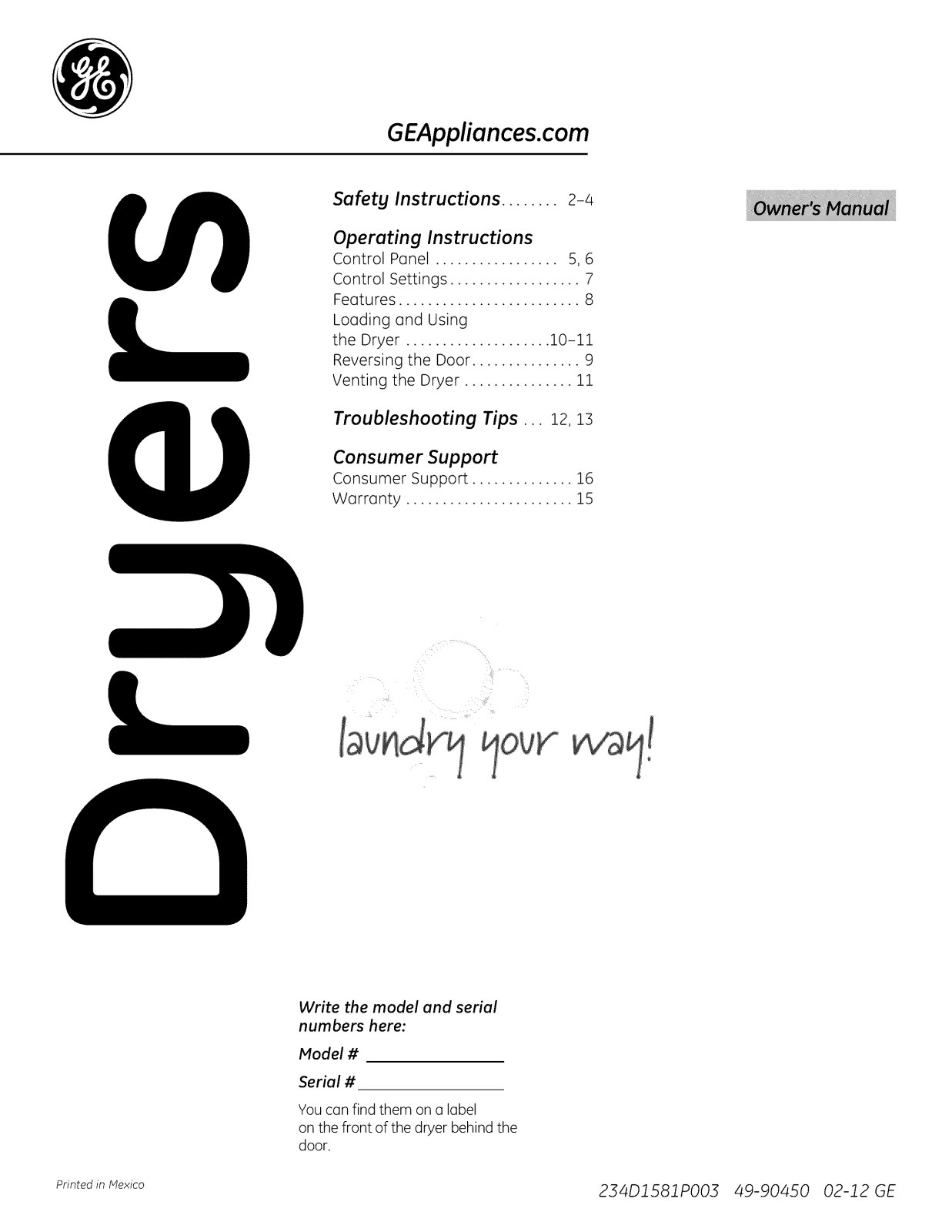 GE GTDX520GD1WW, GTDX520GD0WW, GTDX520ED2WW, GTDX520ED1WW, GTDX520ED0WW Owner’s Manual