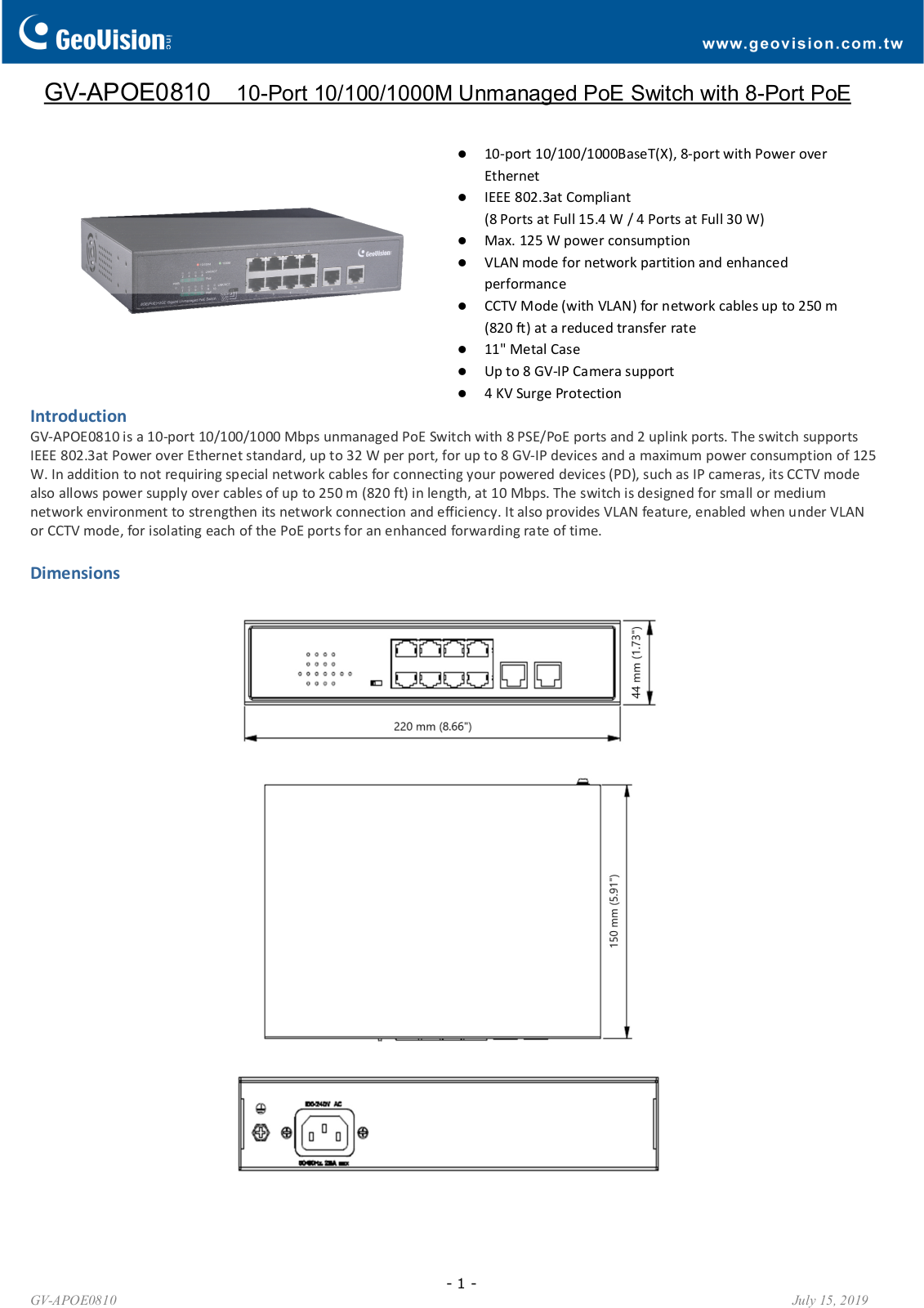 Geovision GV-APOE0810 Specsheet