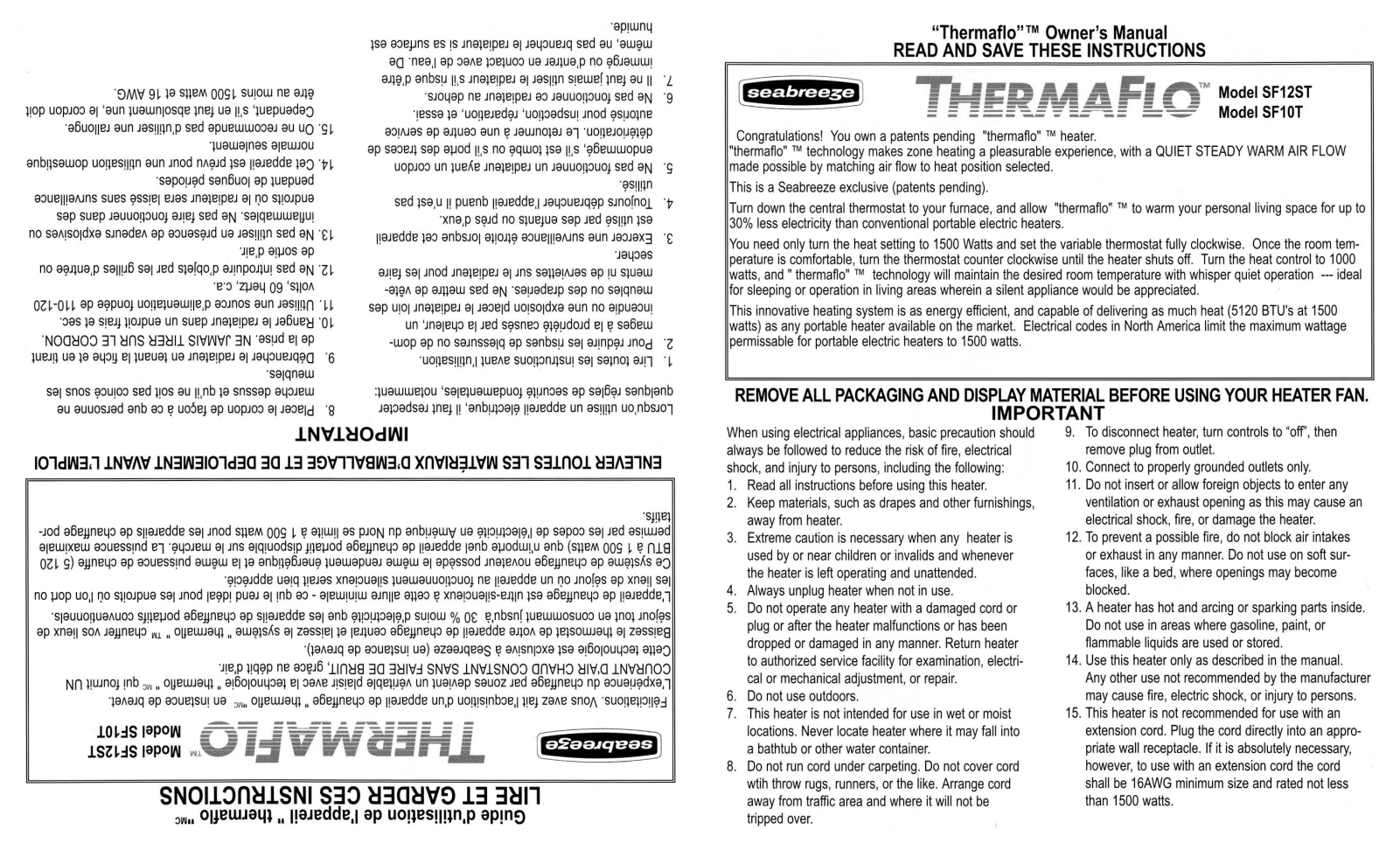 Seabreeze SF12ST, SF10T User Manual