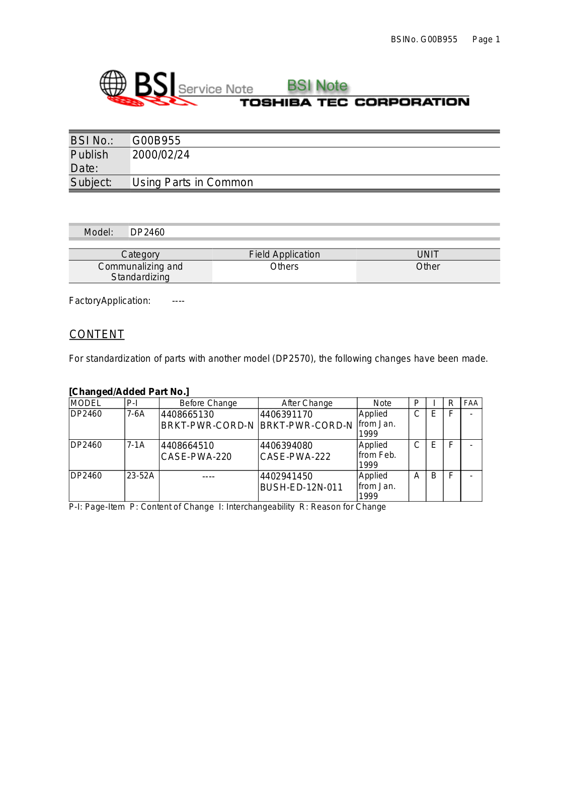 Toshiba g00b955 Service Note