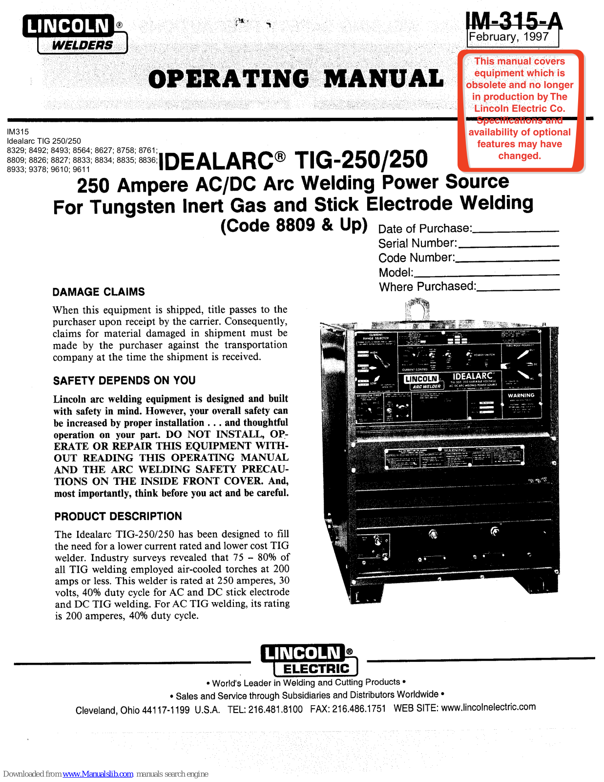 Lincoln Electric TIG-250 Operating Manual