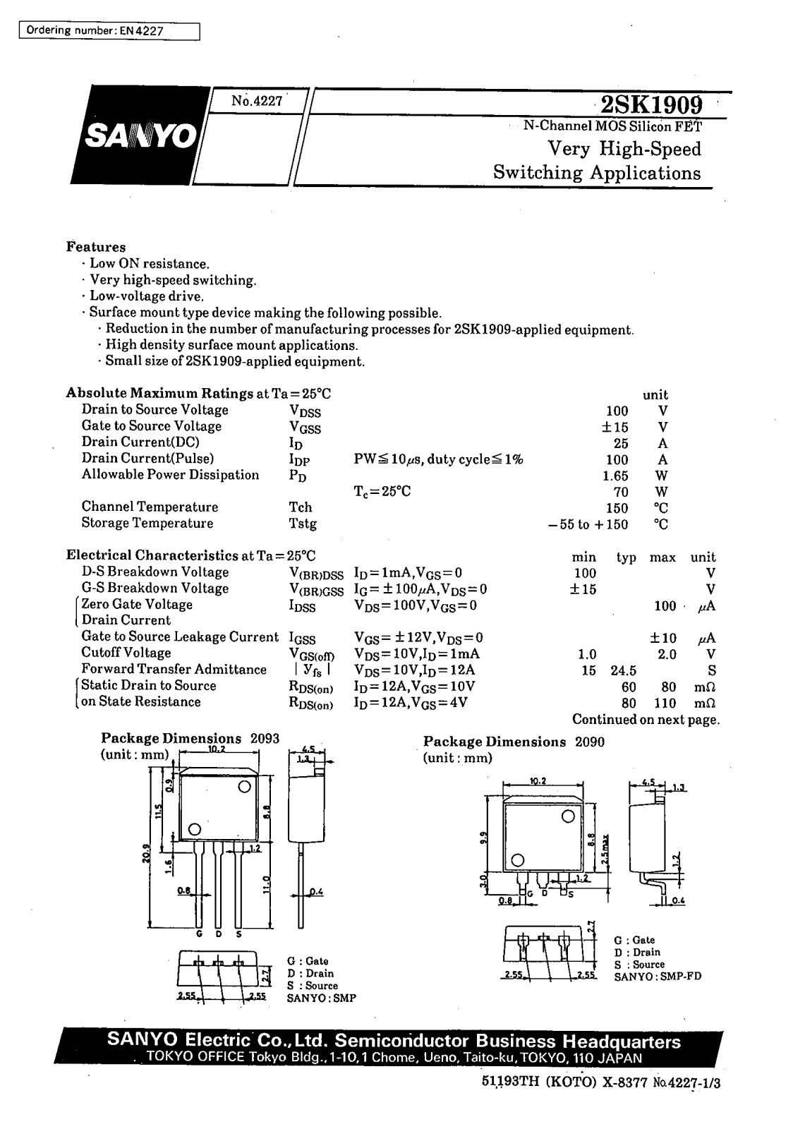 SANYO 2SK1909 Datasheet