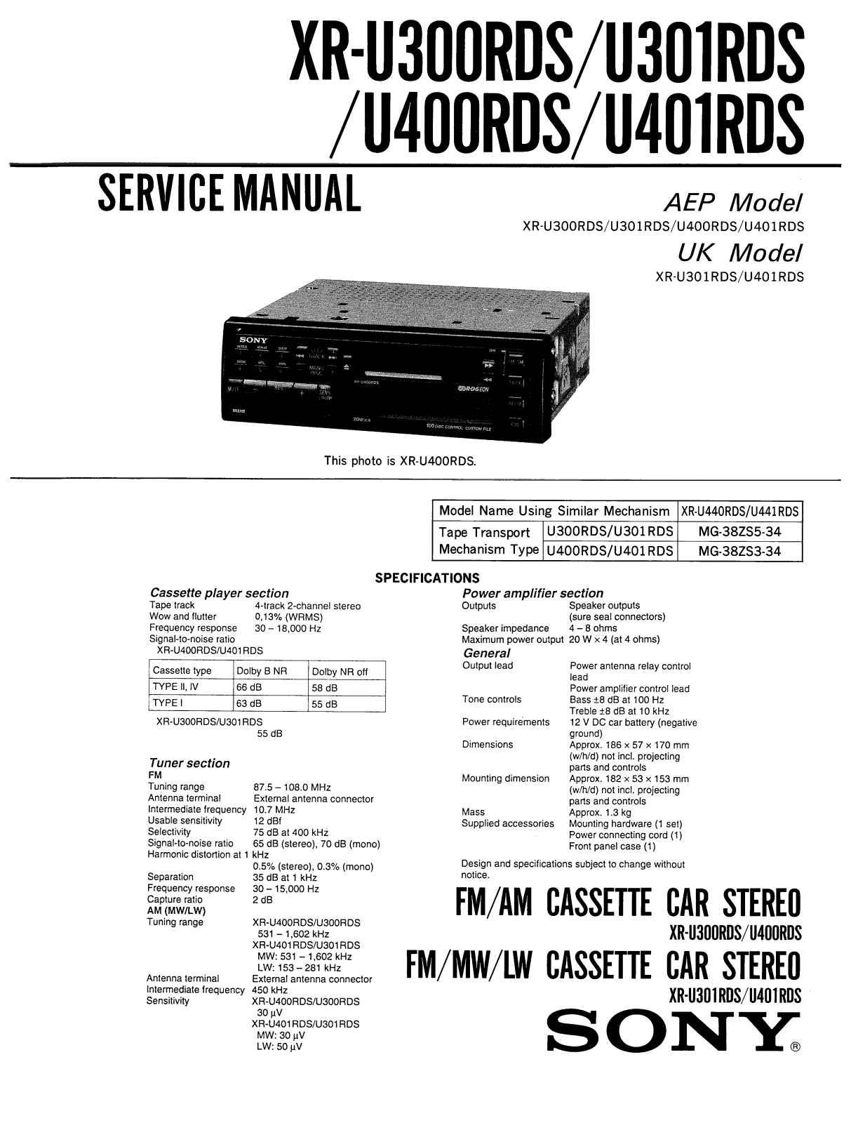 Sony XR-U300RDS, XR-U301RDS, XR-U400RDS, XR-U401RDS Service Manual