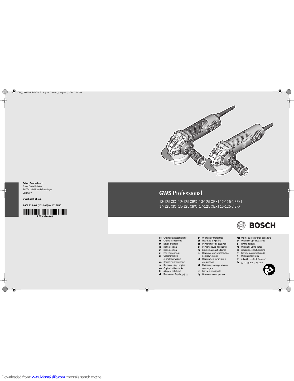 Bosch GWS 13-125 CIX Professional, GWS 12-125 CIPX Professional, GWS 13-125 CIEX Professional, GWS 12-125 CIEPX Professional, GWS 17-125 CIX Professional Original Instructions Manual