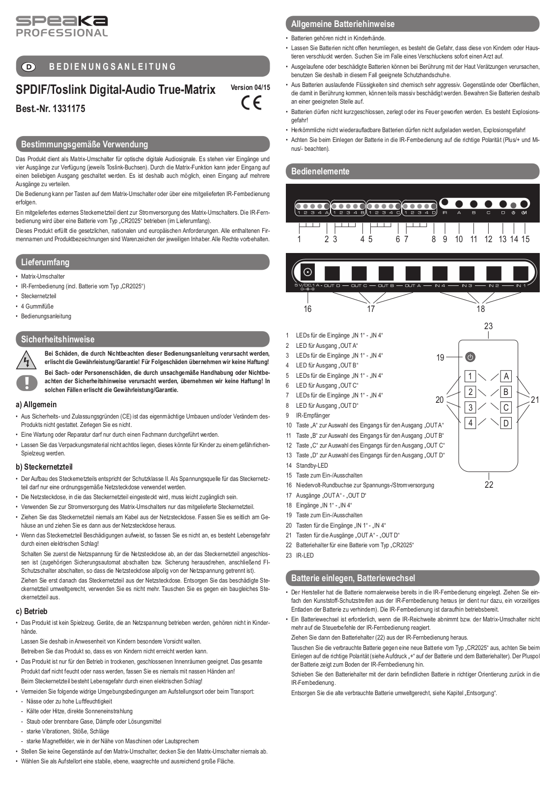 SpeaKa Professional 1331175 Instructions