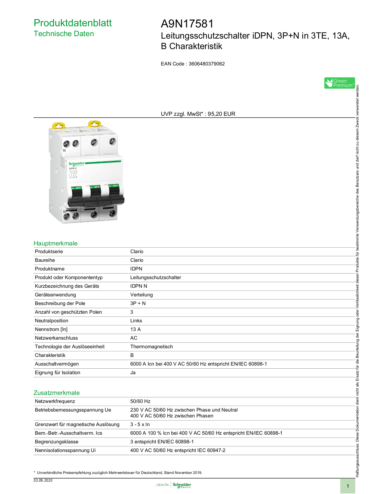 Schneider Electric A9N17581 Technische Daten