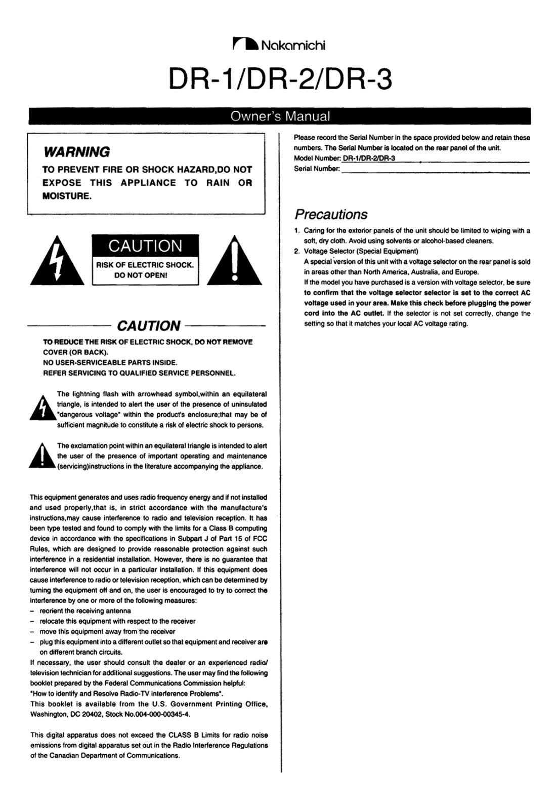 Nakamichi DR-1 Owners manual