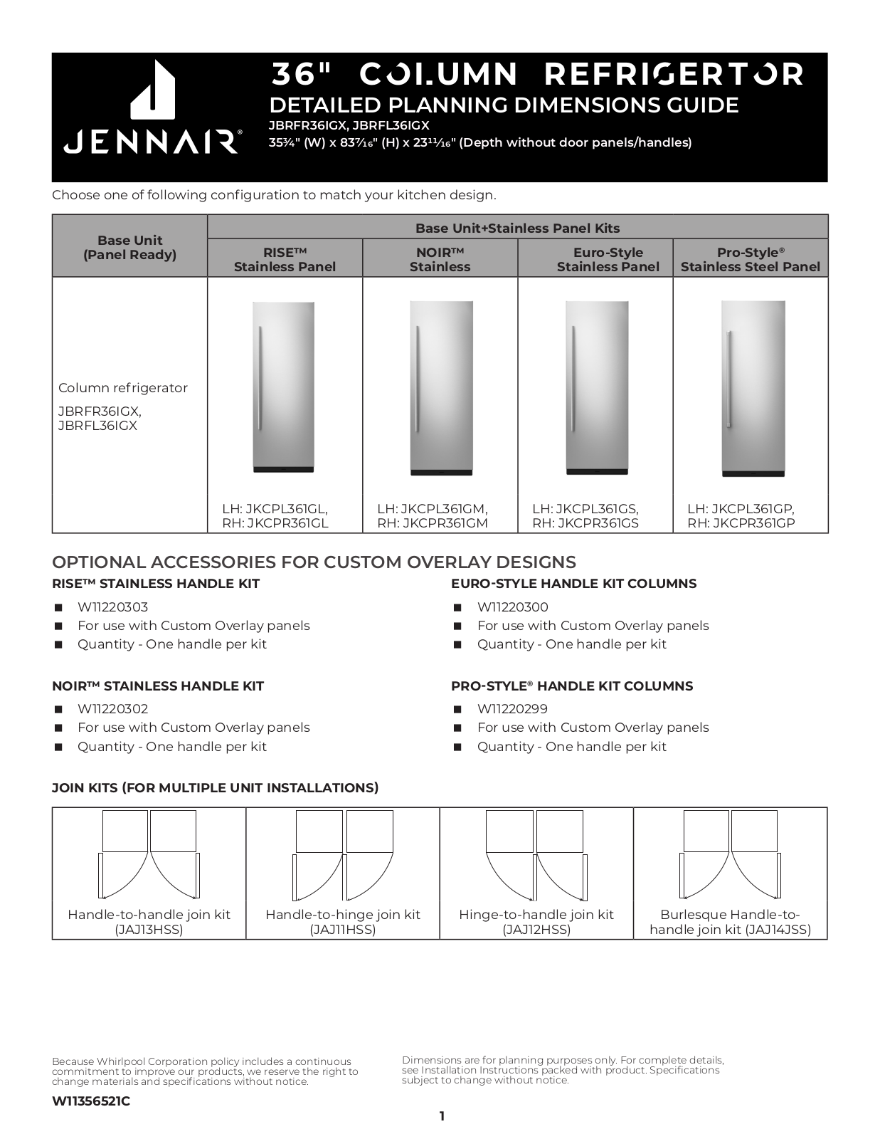 JennAir JBRFR36IGX, JBRFL36IGX Dimension Guide